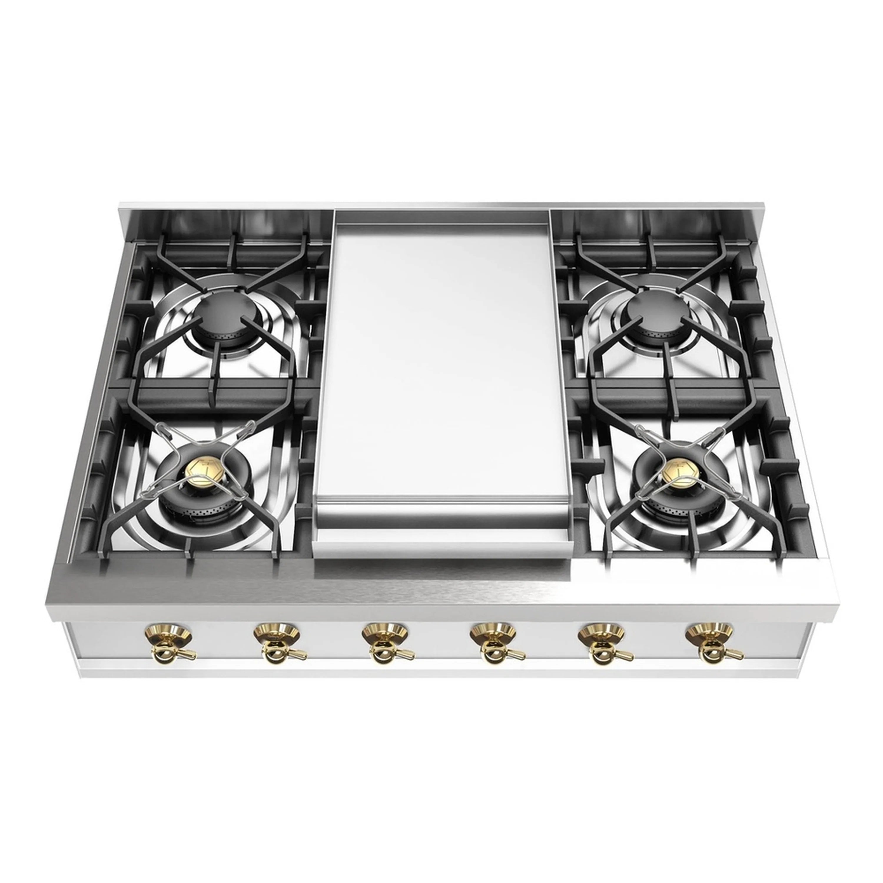 Stainless steel built-in gas rangetop with four burners and center griddle
