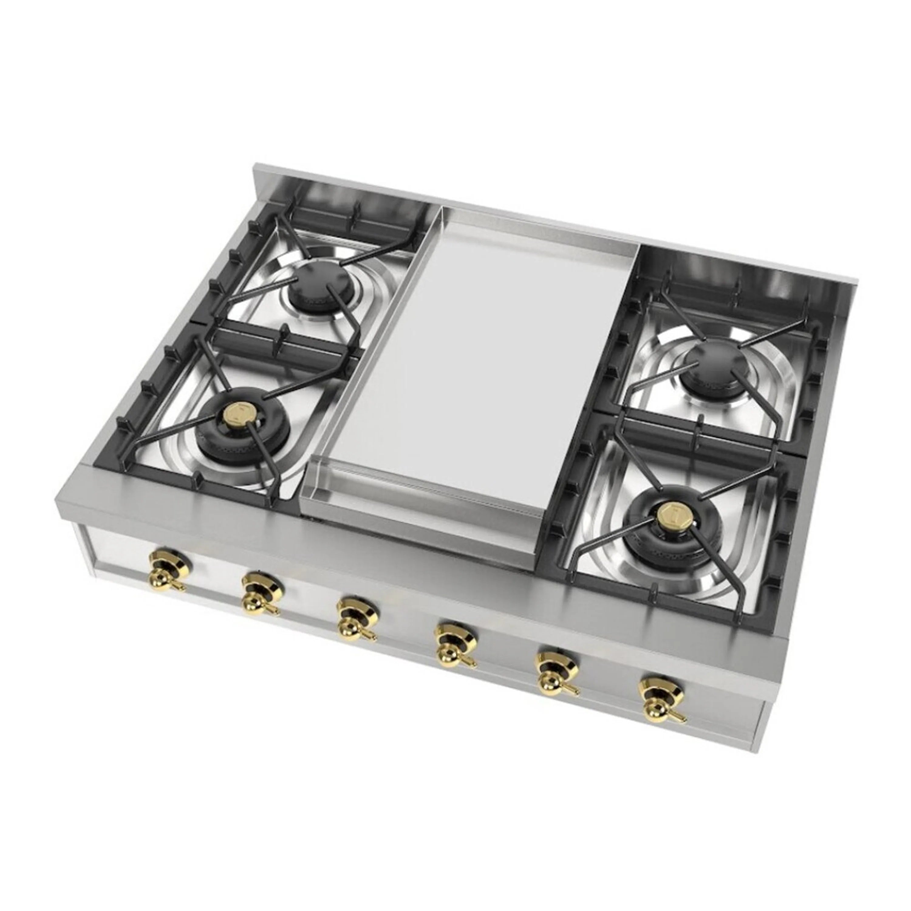 Stainless steel built-in gas rangetop with burners and center griddle, three-quarter view