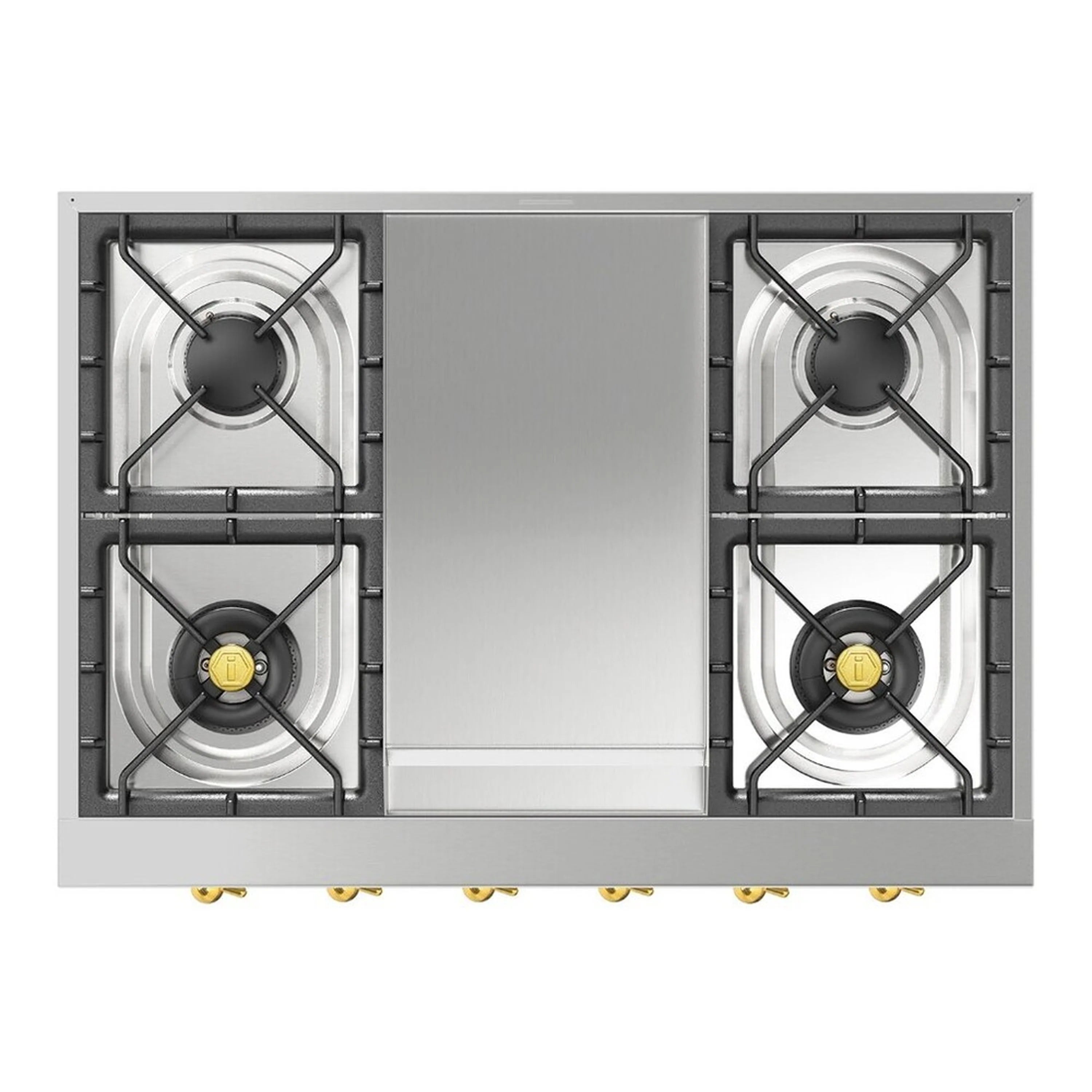 Built-in gas rangetop layout with four burners and center griddle, shown from above