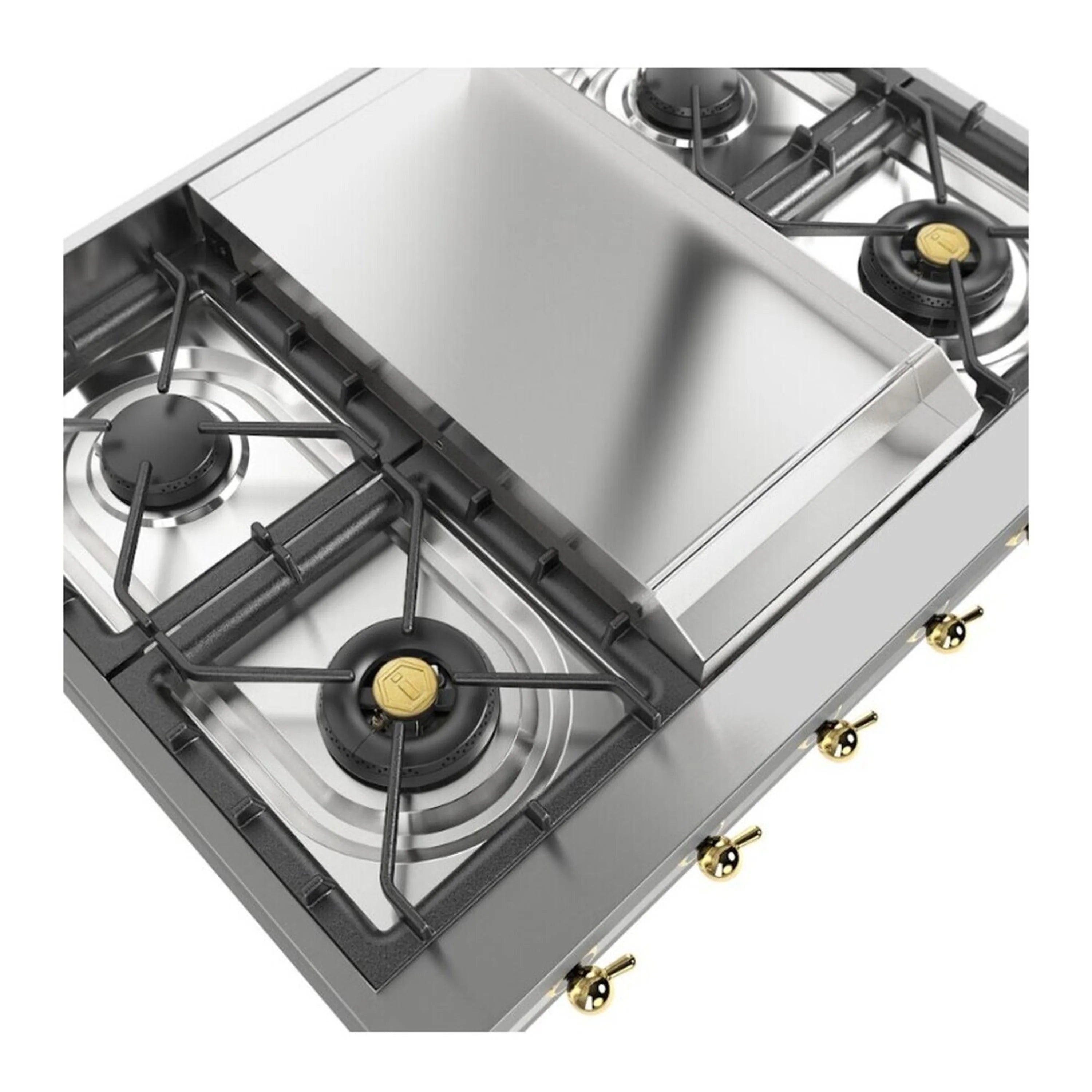 Stainless steel gas rangetop with corner burner and center griddle, close-up angled view