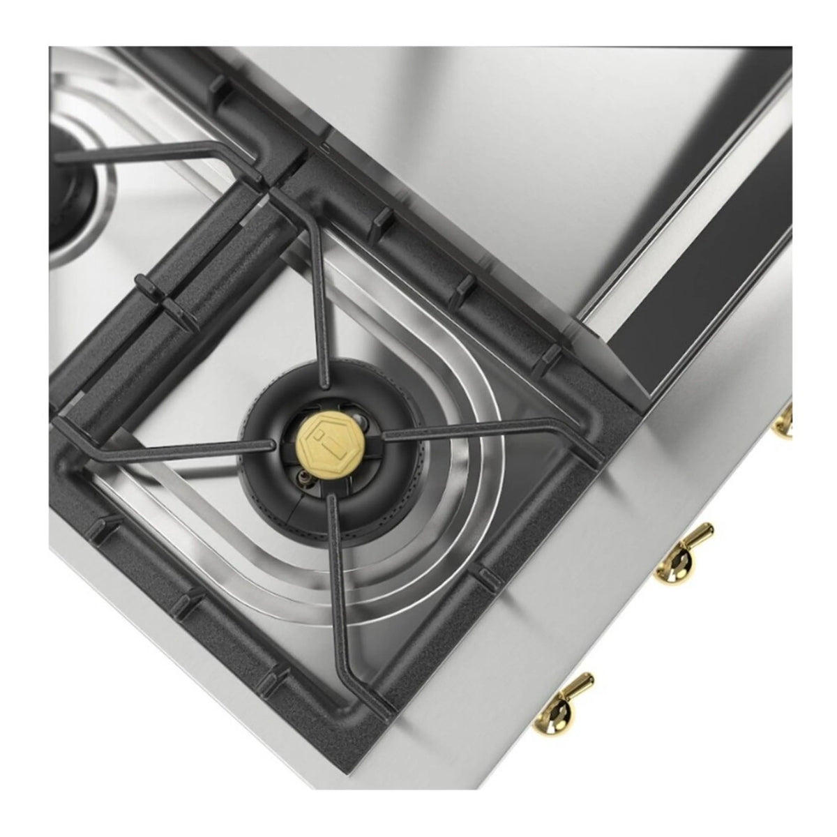 Single burner on stainless steel built-in gas cooktop with black grate and brass knob