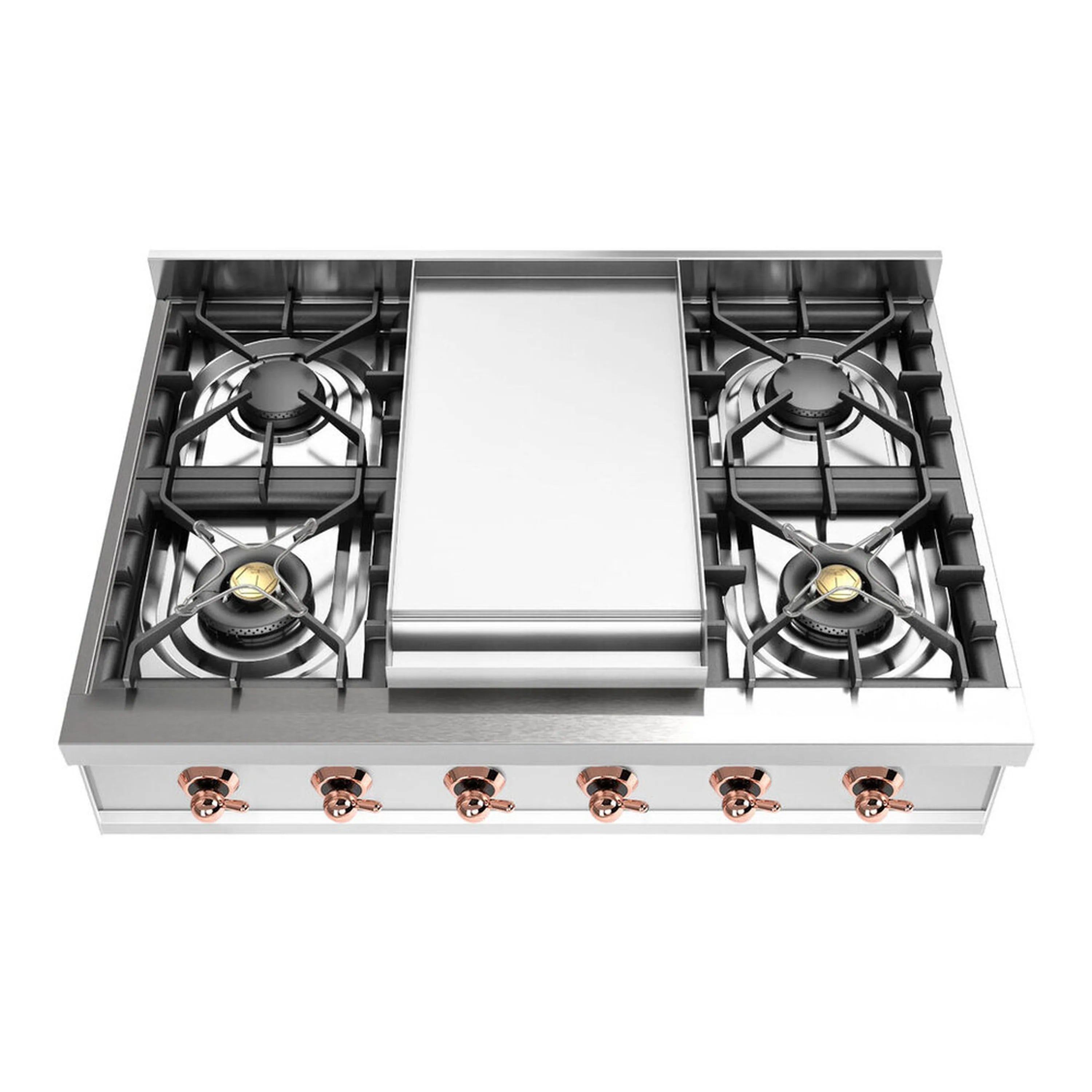 Top view of stainless steel built-in gas rangetop with four burners and center griddle