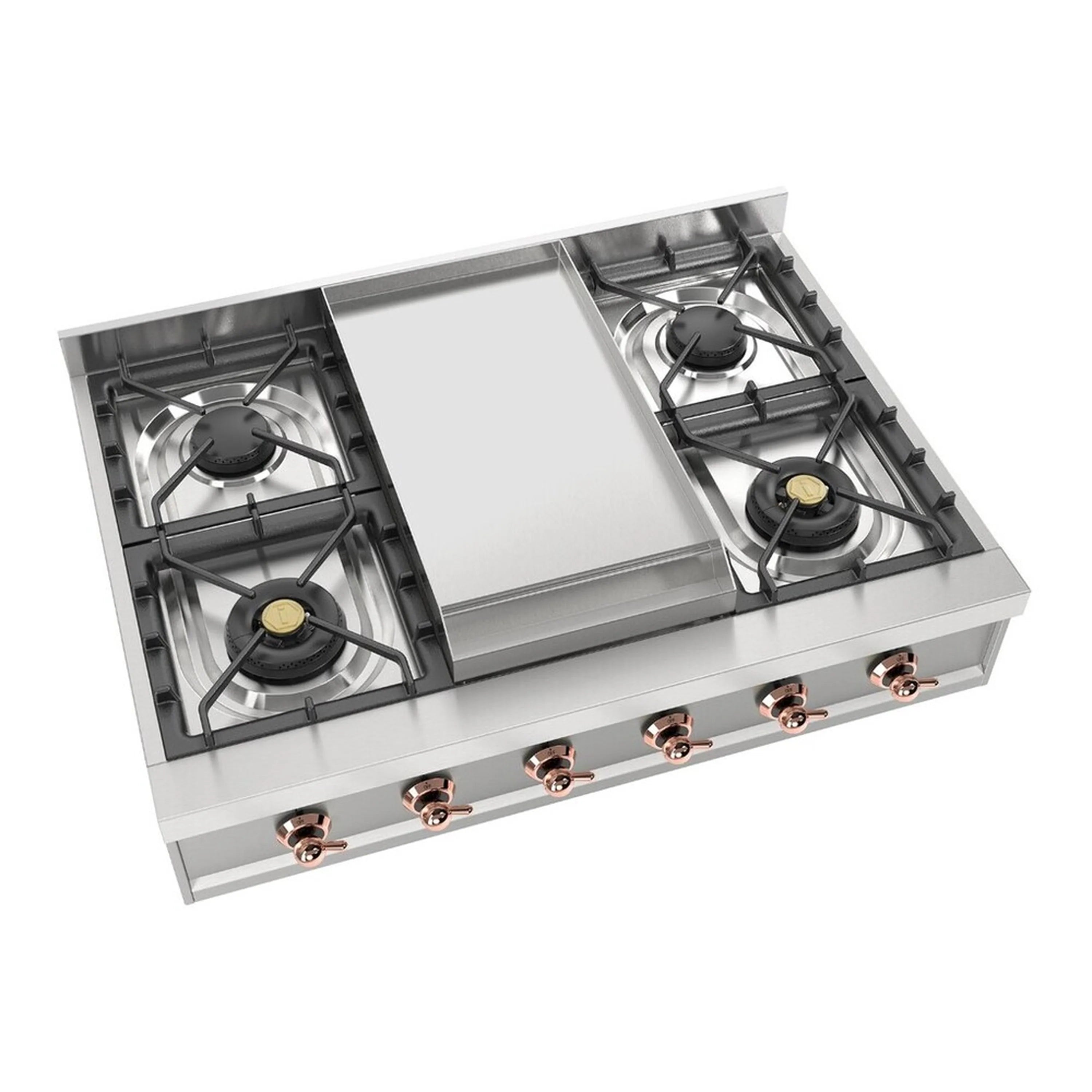 Built-in stainless steel gas rangetop with four burners and central griddle panel