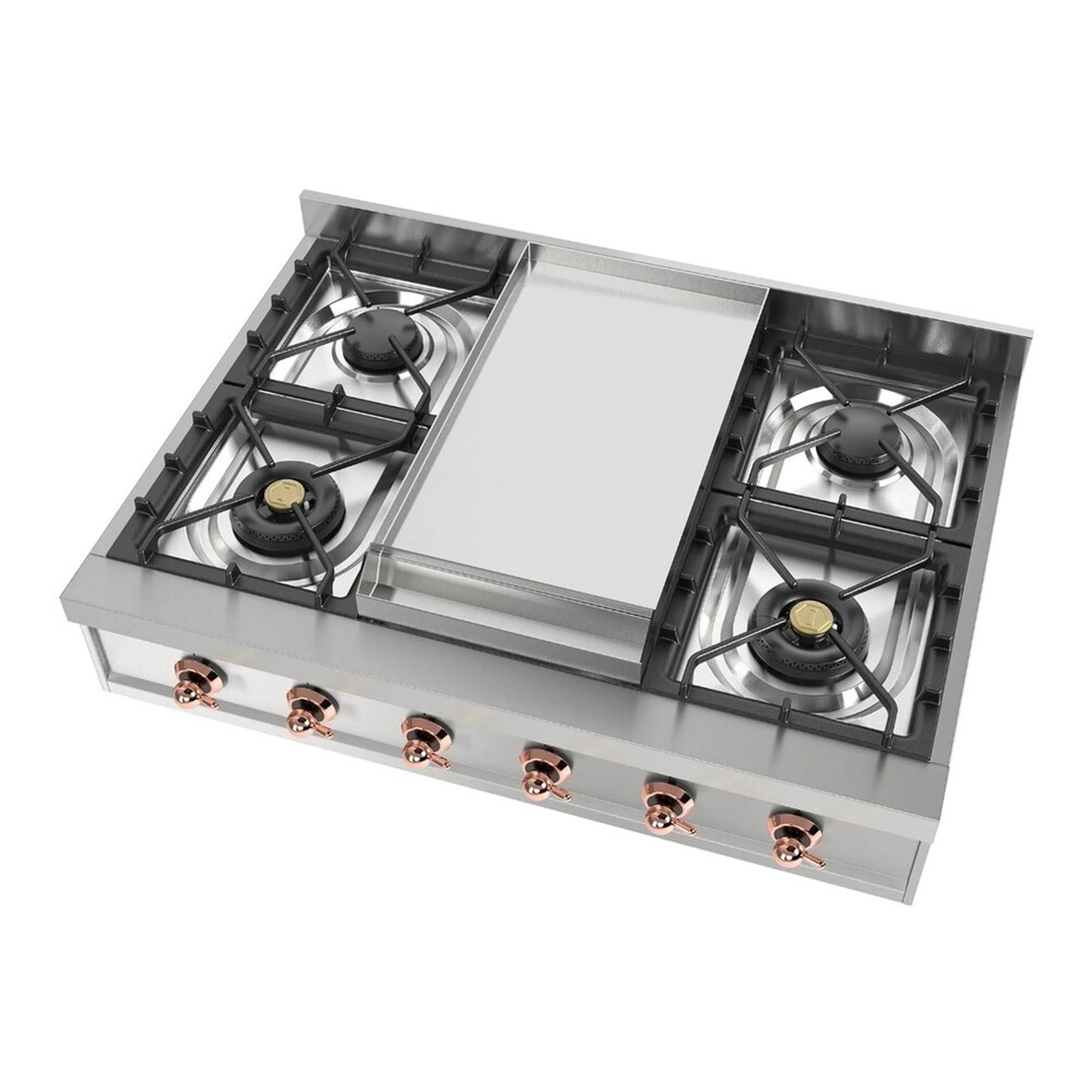 Built-in gas cooktop with four burners, black grates, and center griddle