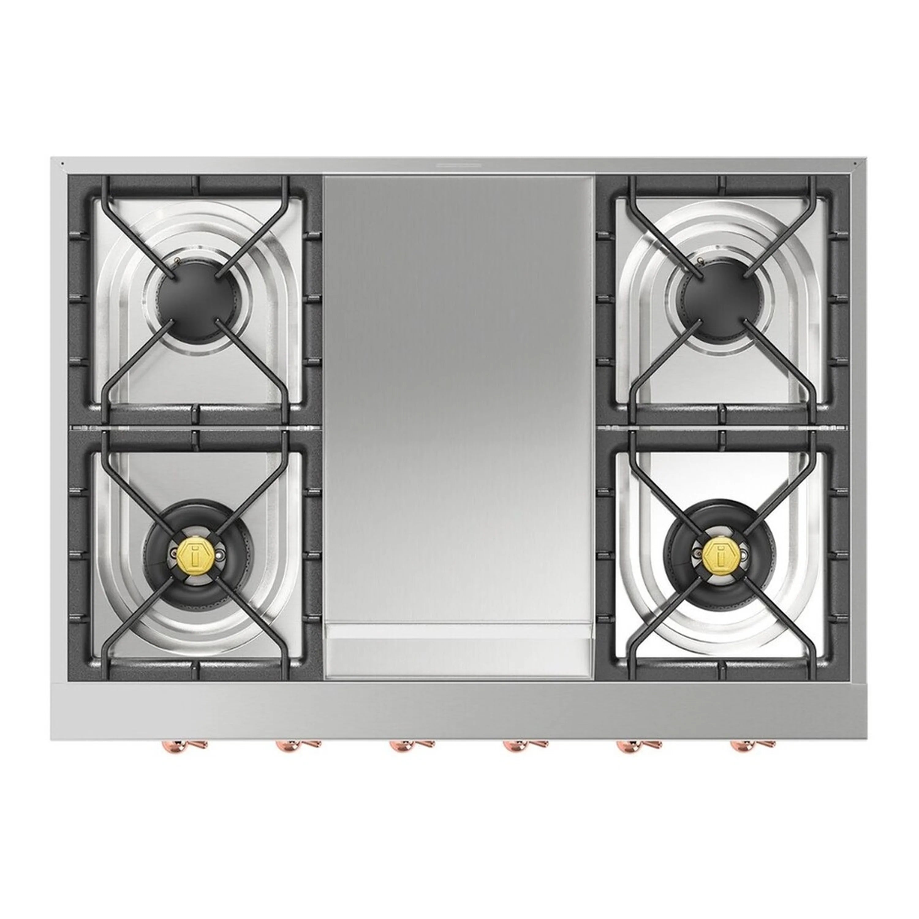 Stainless steel built-in gas rangetop with four burners and removable griddle