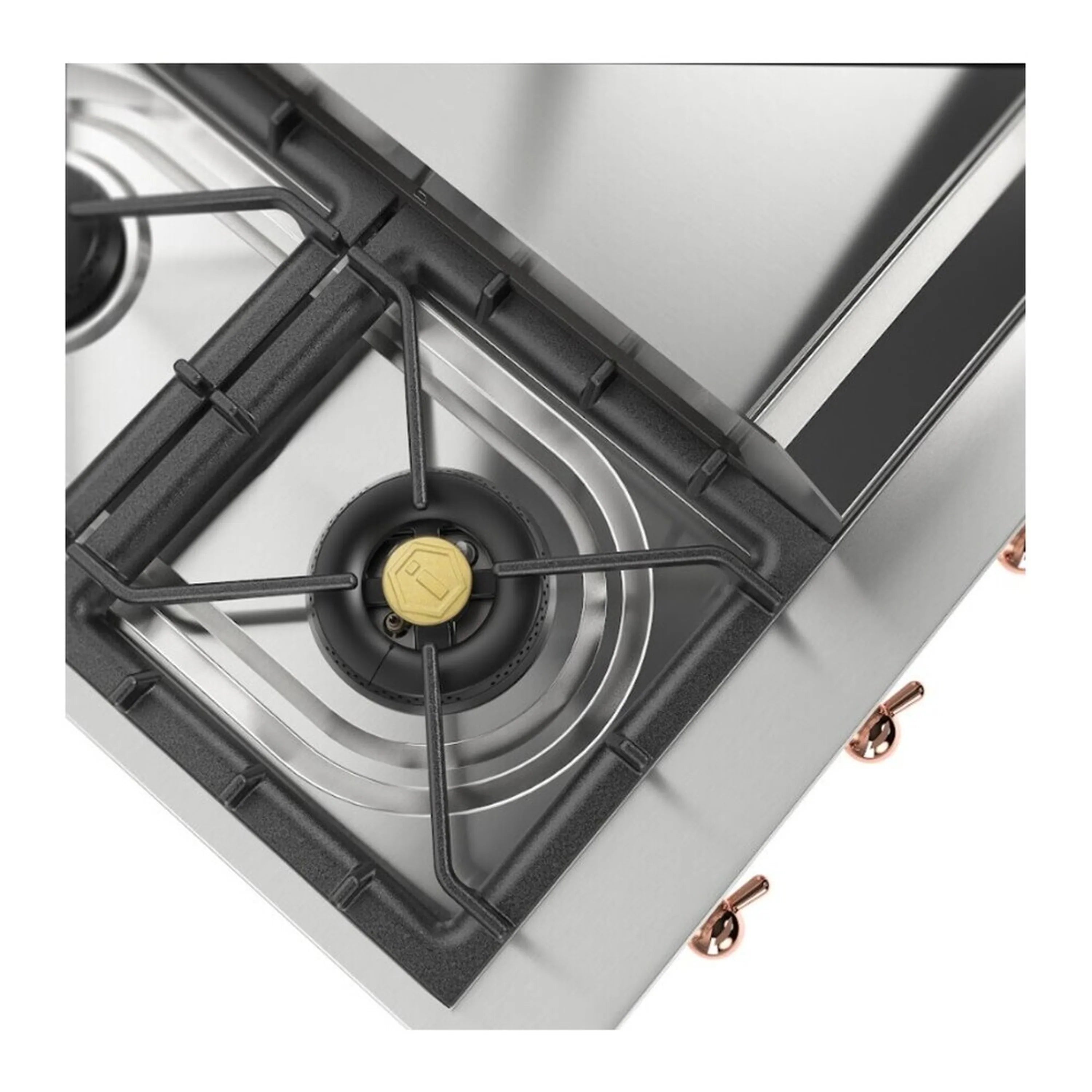 Single burner close-up on built-in stainless gas rangetop with copper control knob