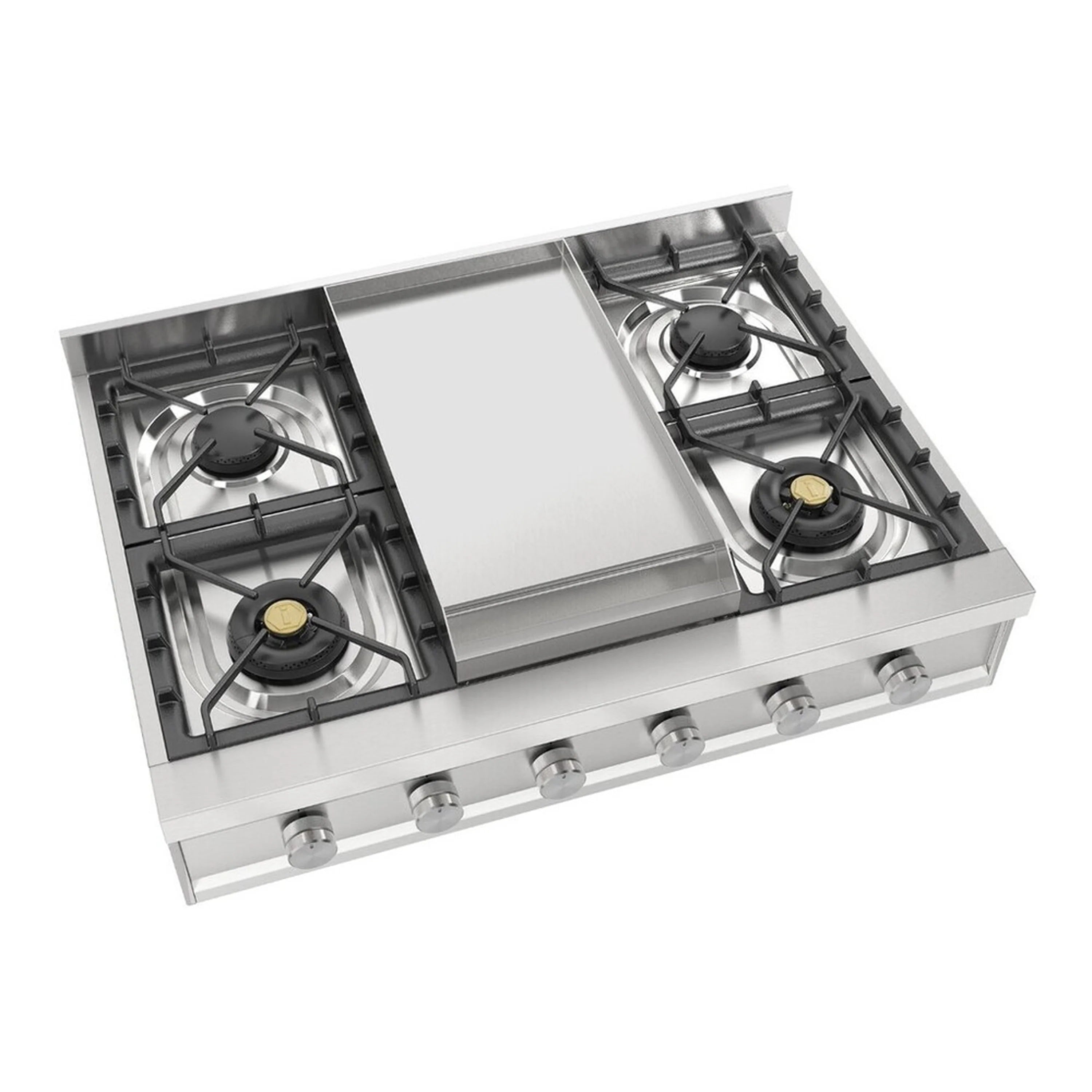 Stainless steel gas rangetop open top with griddle center and 4 black burners