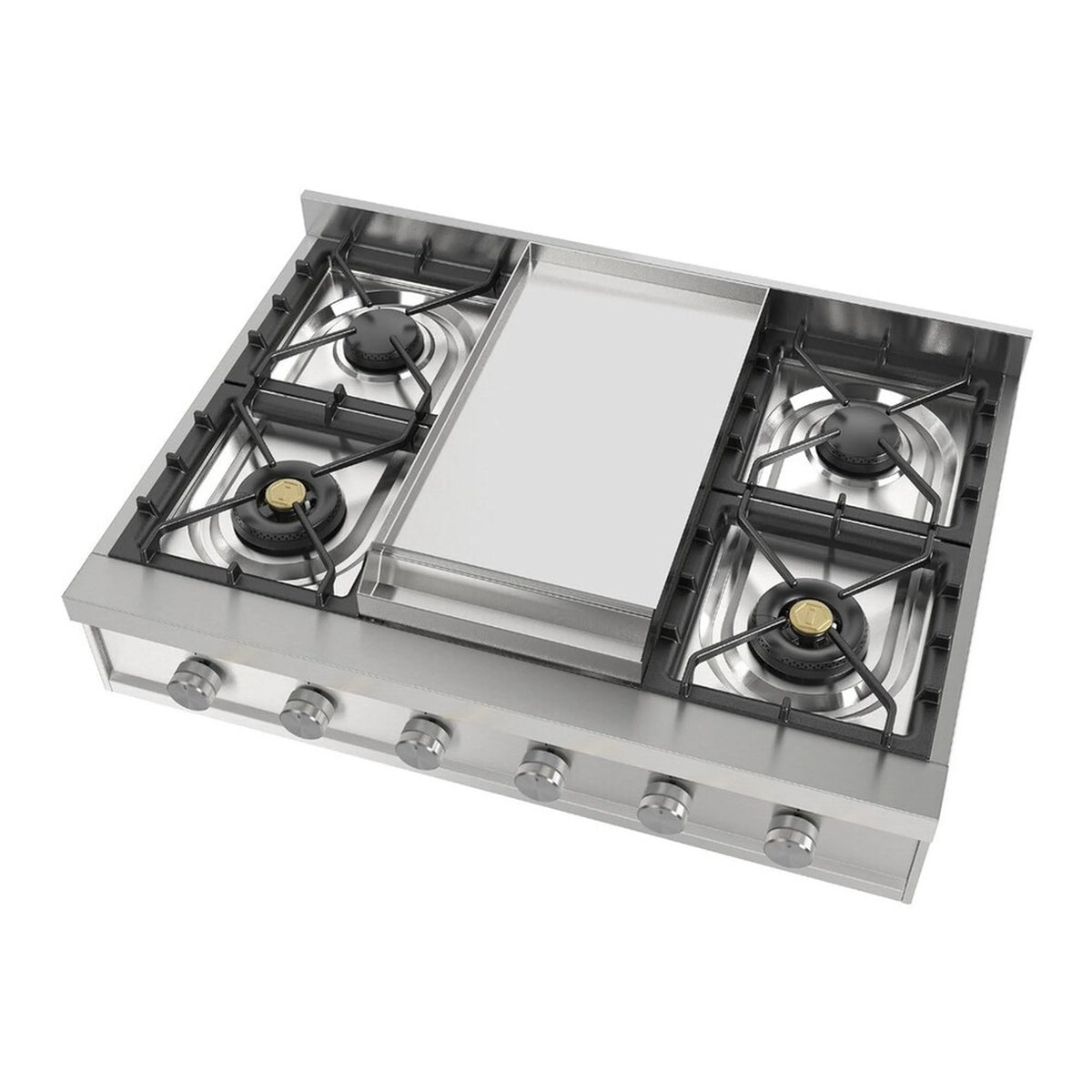 Stainless steel built-in gas rangetop with central griddle and four black burner caps