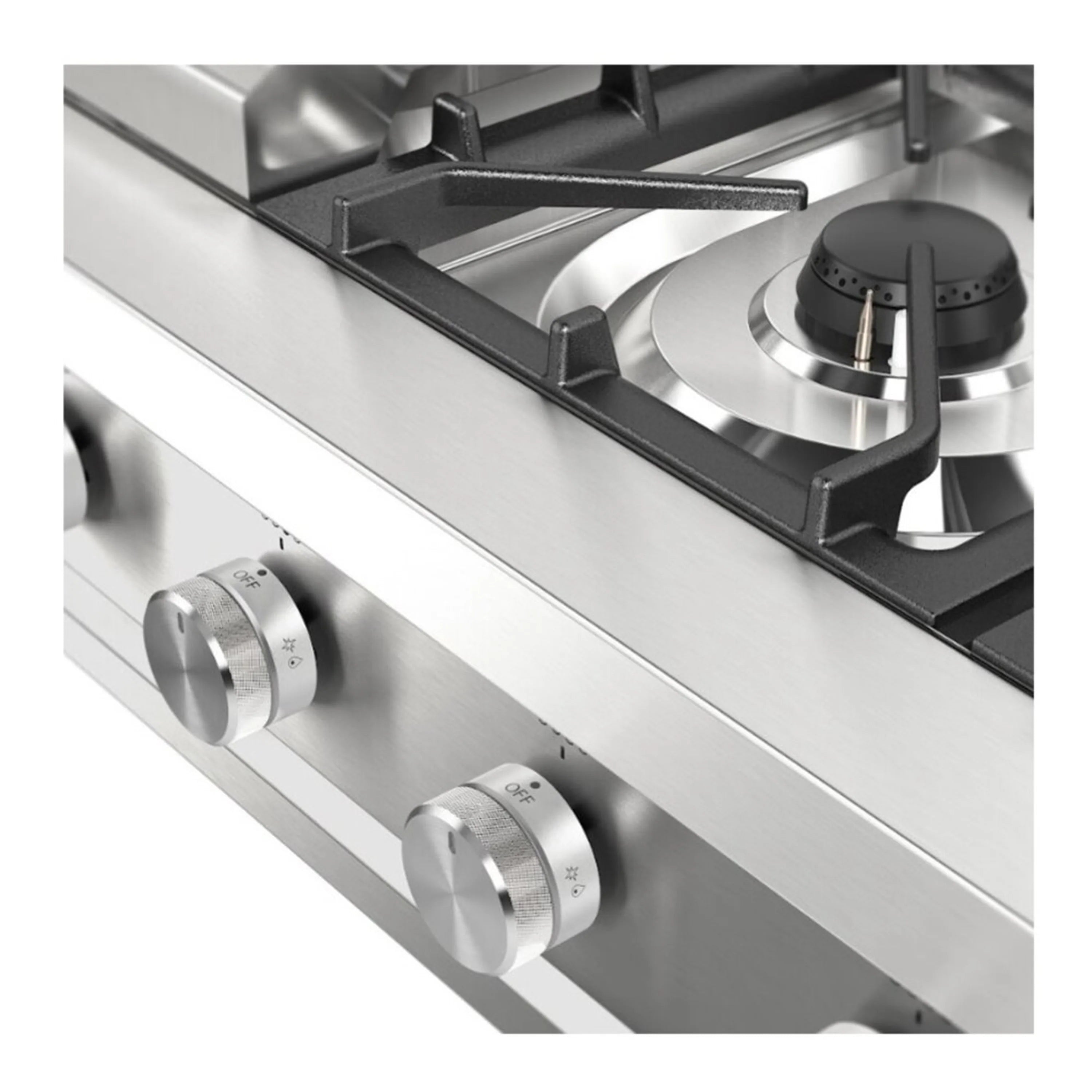 Stainless steel control knobs and black burner grates on built-in gas rangetop