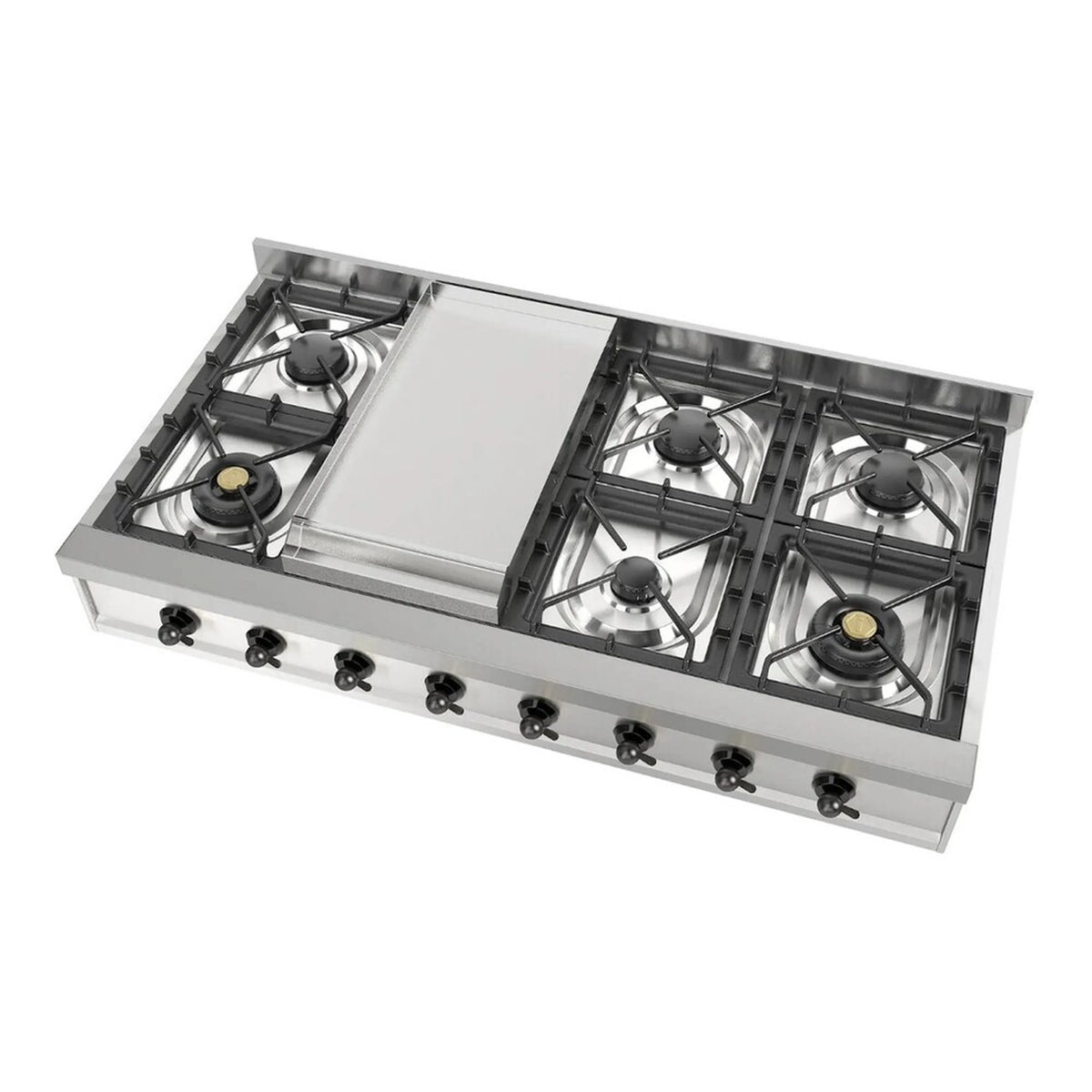 Stainless steel gas rangetop with griddle and four burners, angled view