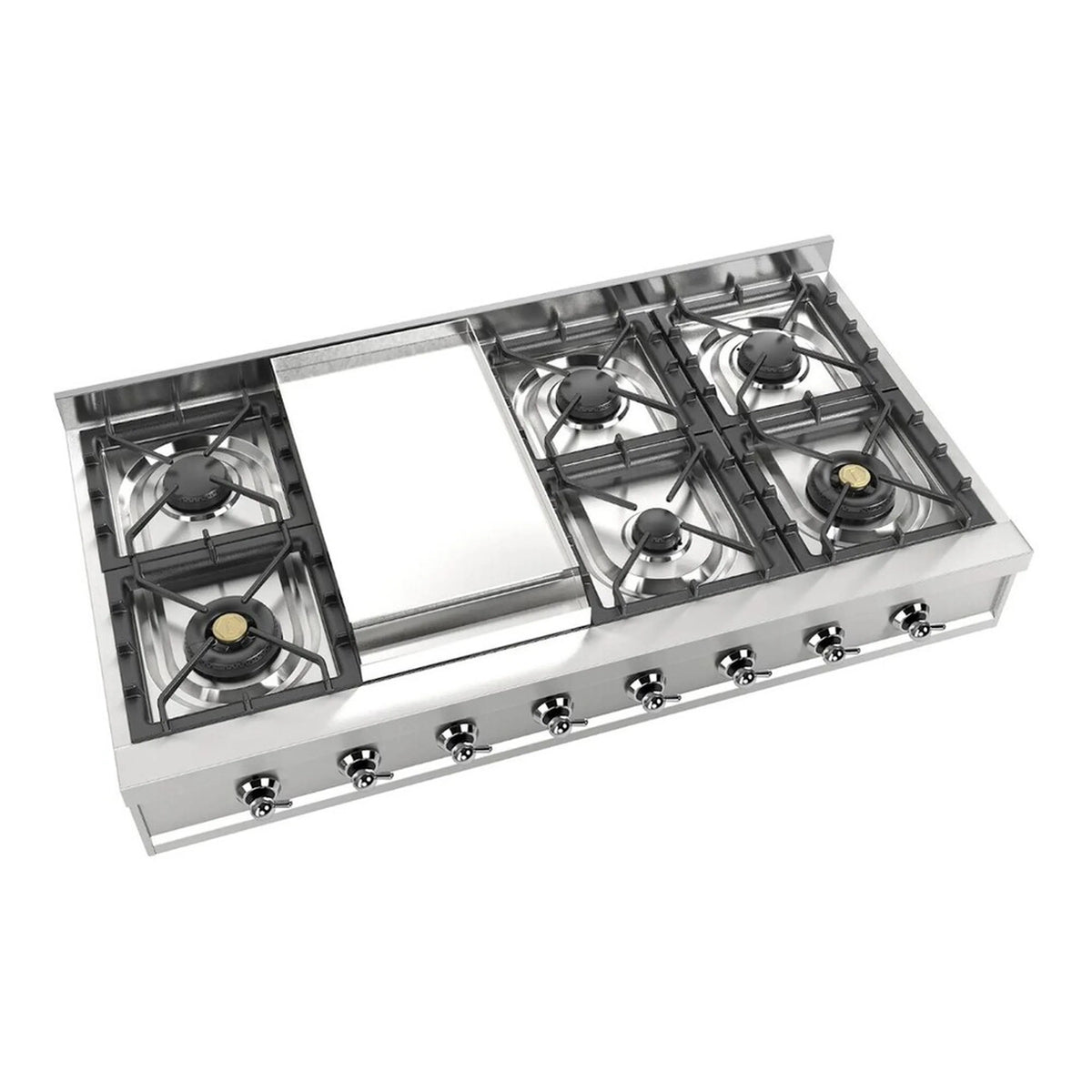 Stainless steel built-in gas rangetop with griddle, four burners visible with black knobs