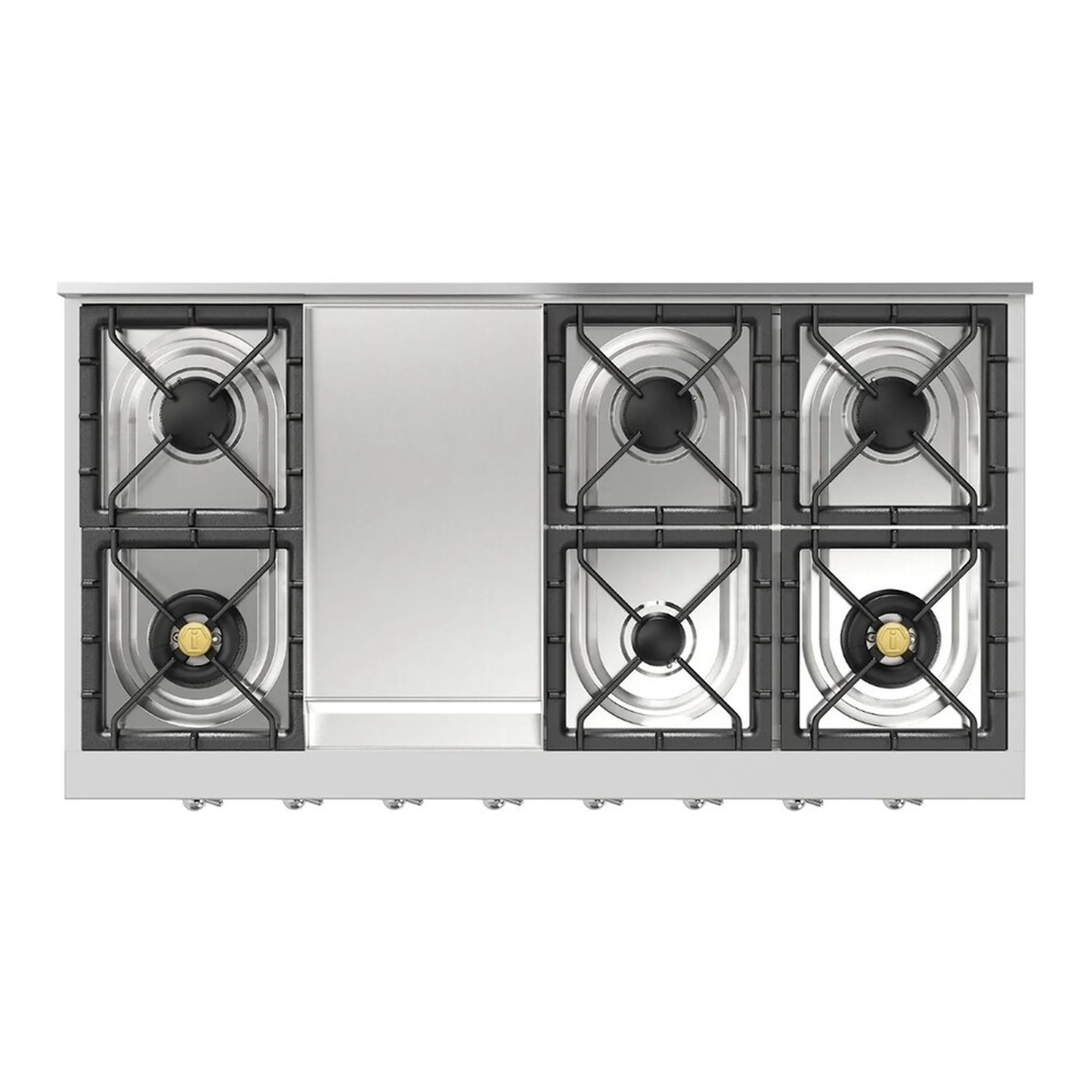 Stainless steel built-in gas rangetop with griddle in center and six burners