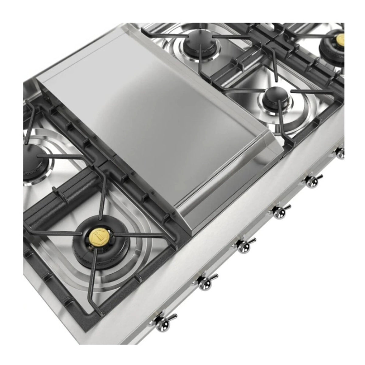 Stainless steel griddle plate over built-in gas burners with control knobs along front