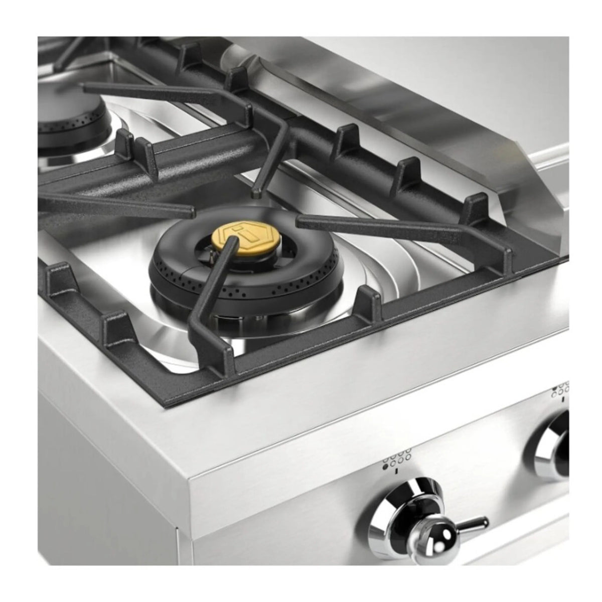 Stainless steel griddle burner area with black grate and gold ignition cap detail