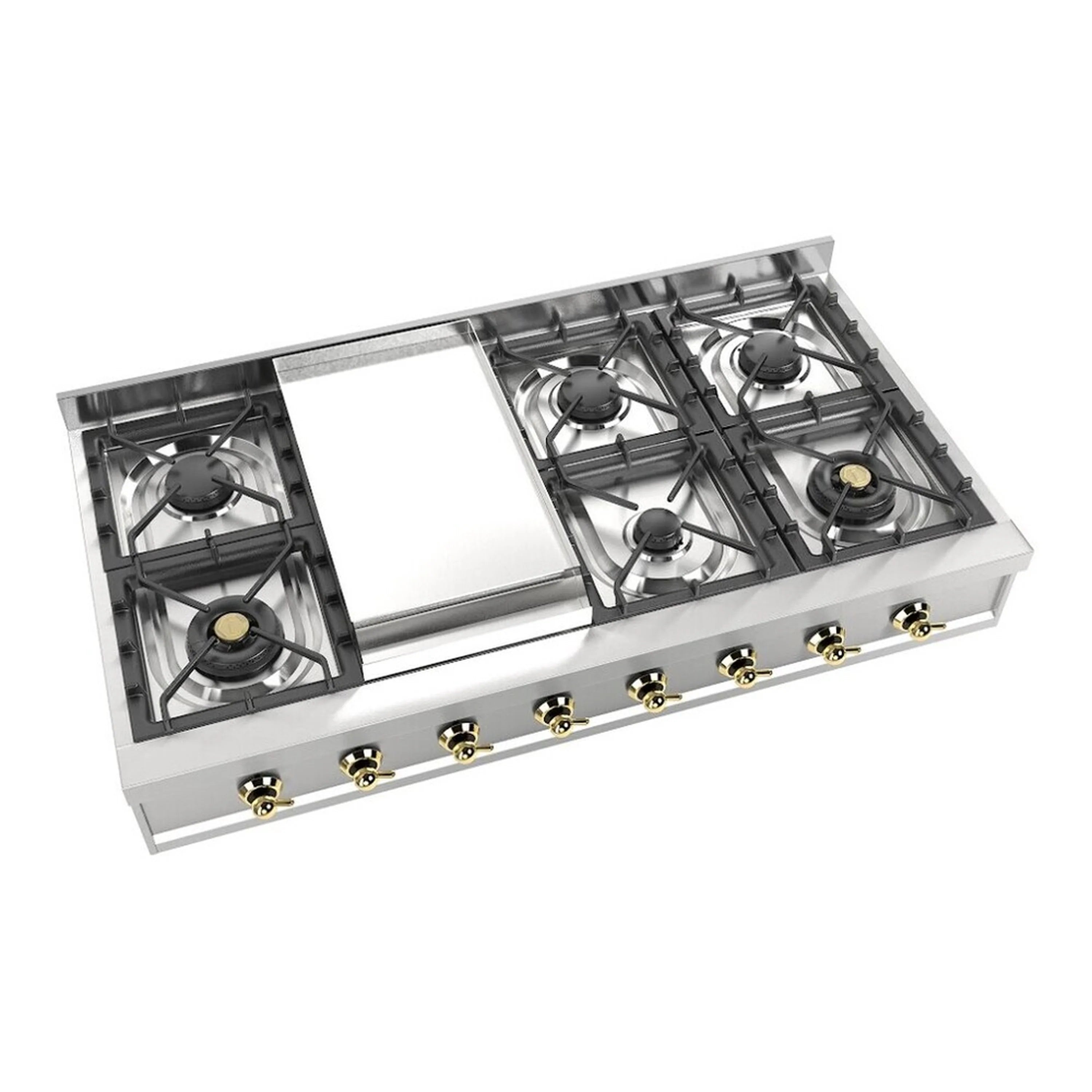 Stainless steel 48-inch gas rangetop with griddle, built-in layout and four burners visible