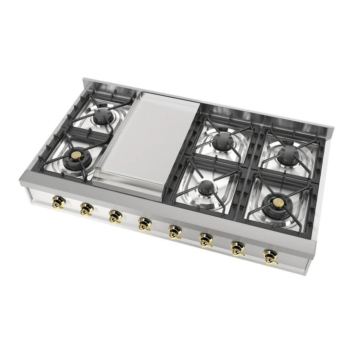 Built-in stainless steel gas rangetop with centered griddle and four burners, top view