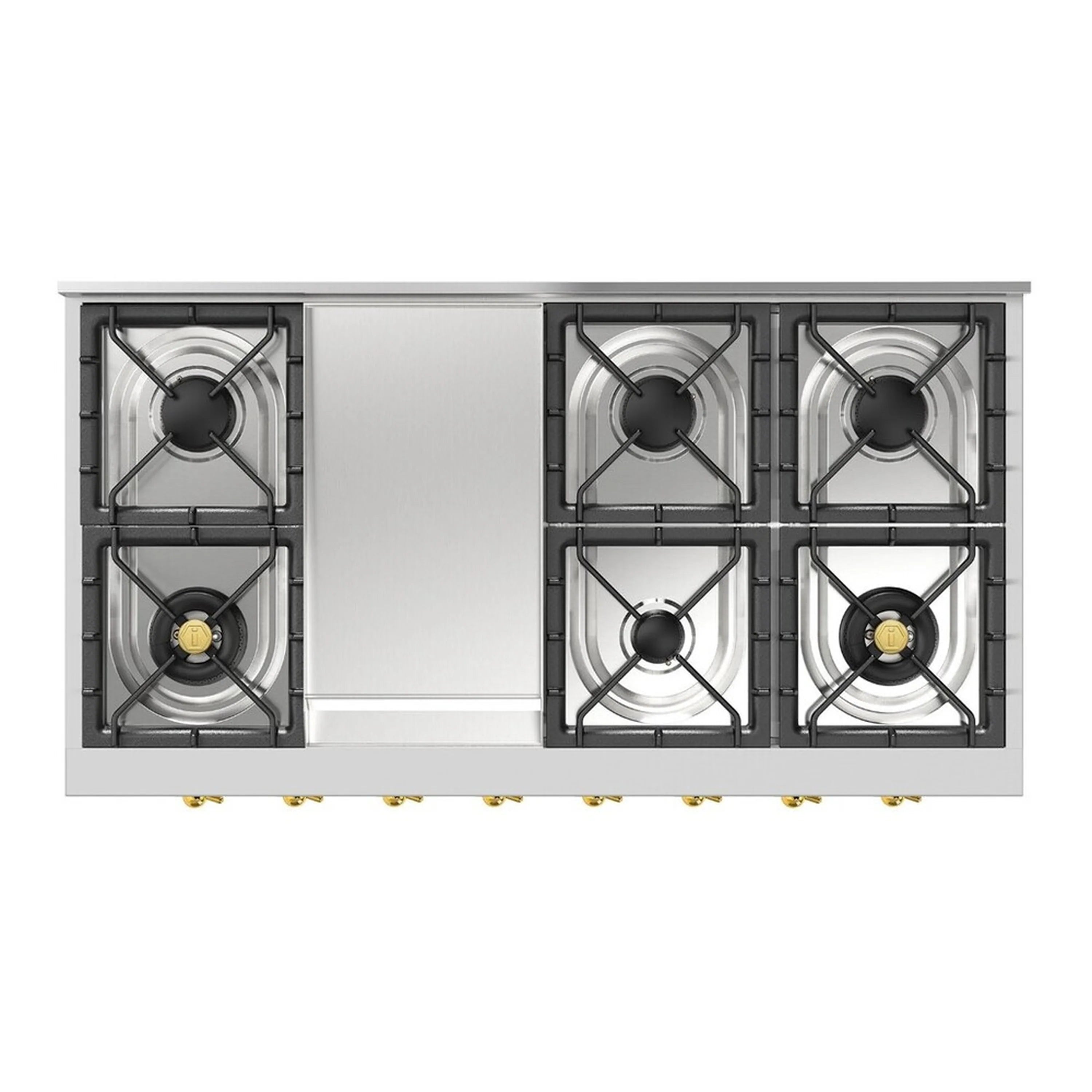 Stainless steel gas rangetop with griddle and six burners in a built-in frame, front view