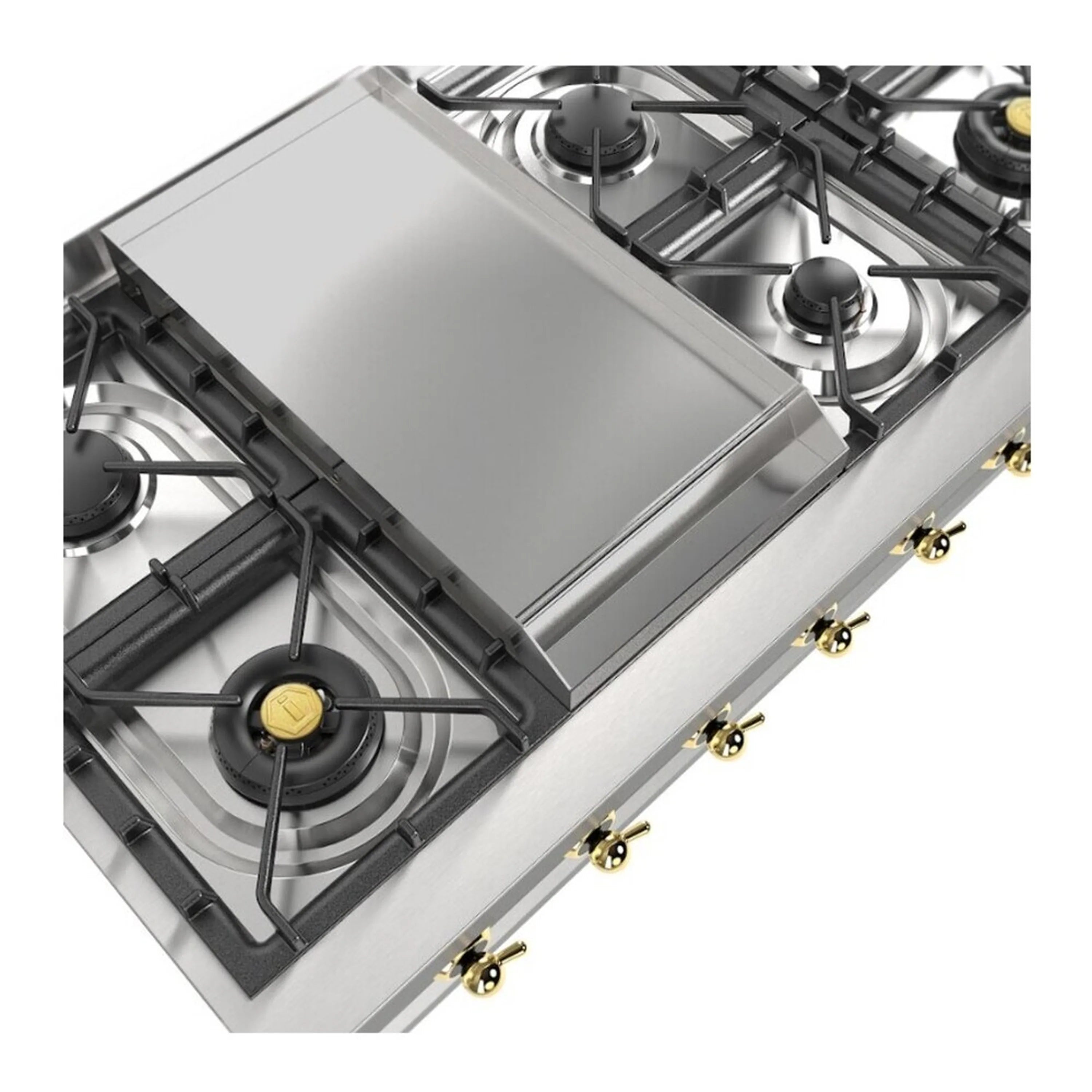 Stainless steel gas rangetop with flat griddle insert and dual burners, angled close-up