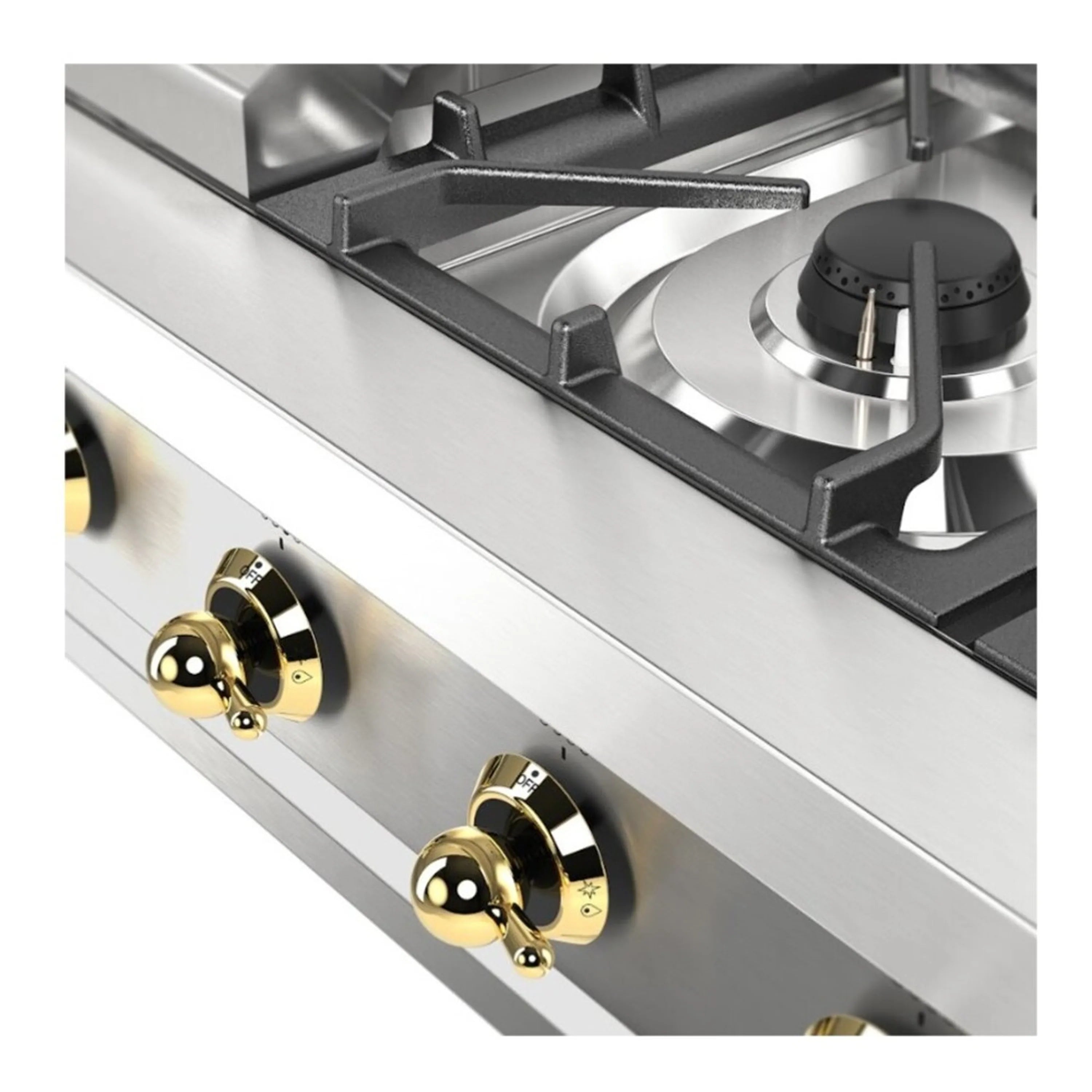 Stainless steel control knobs on built-in gas rangetop with burner grates and griddle edge