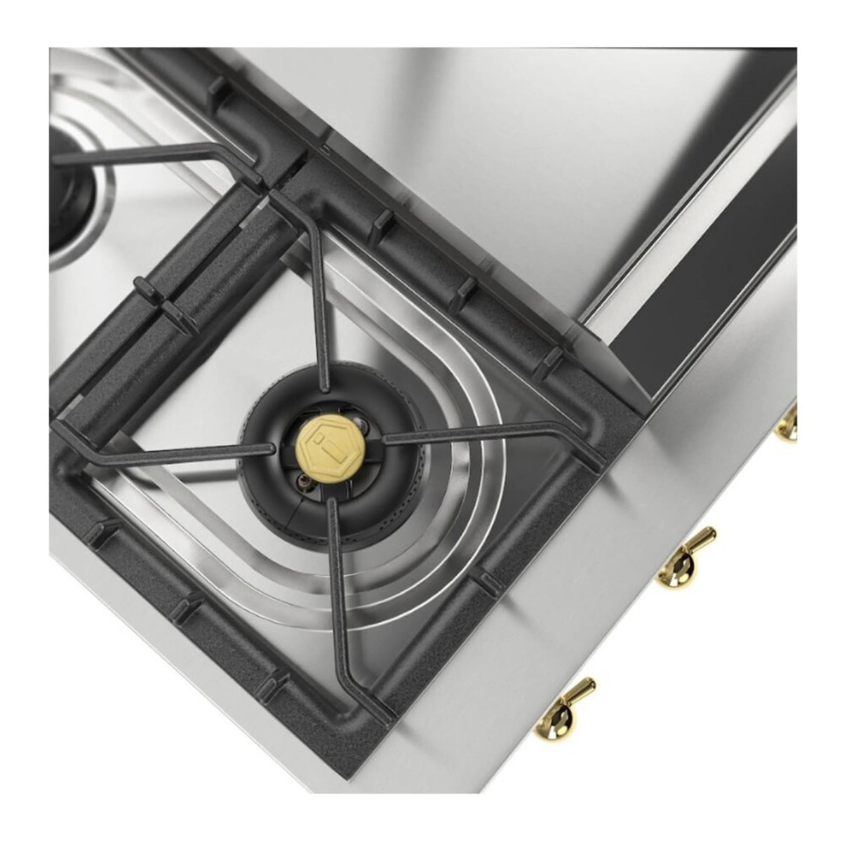 Built-in gas burner grate and circular burner head on stainless steel rangetop, close-up