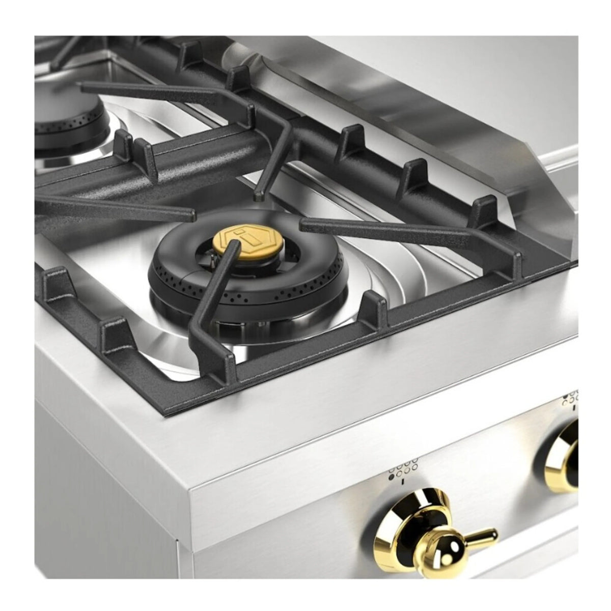 Stainless steel gas rangetop with grates and central burner head, top detail view