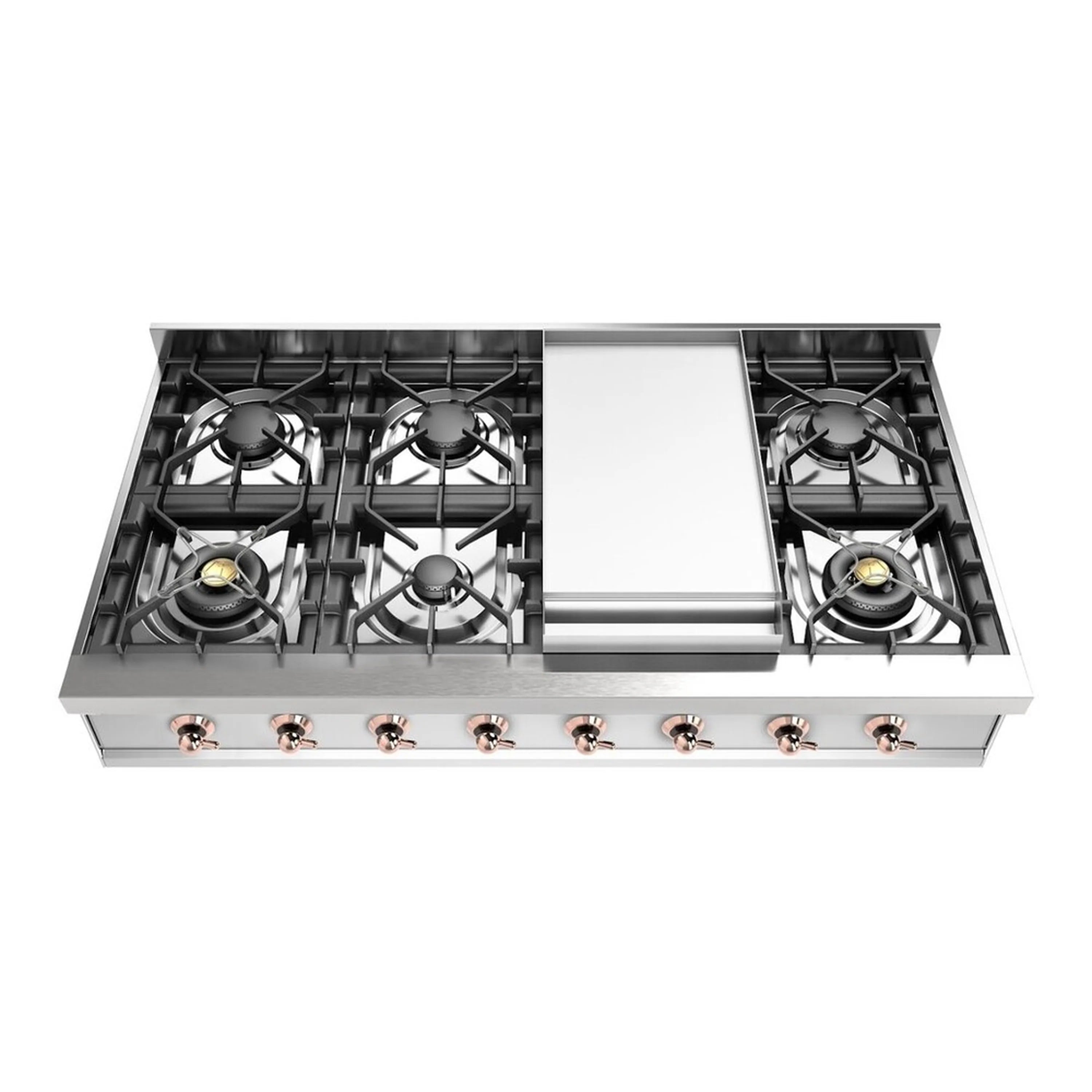 Stainless steel gas rangetop with center griddle, eight burners, and front control knobs