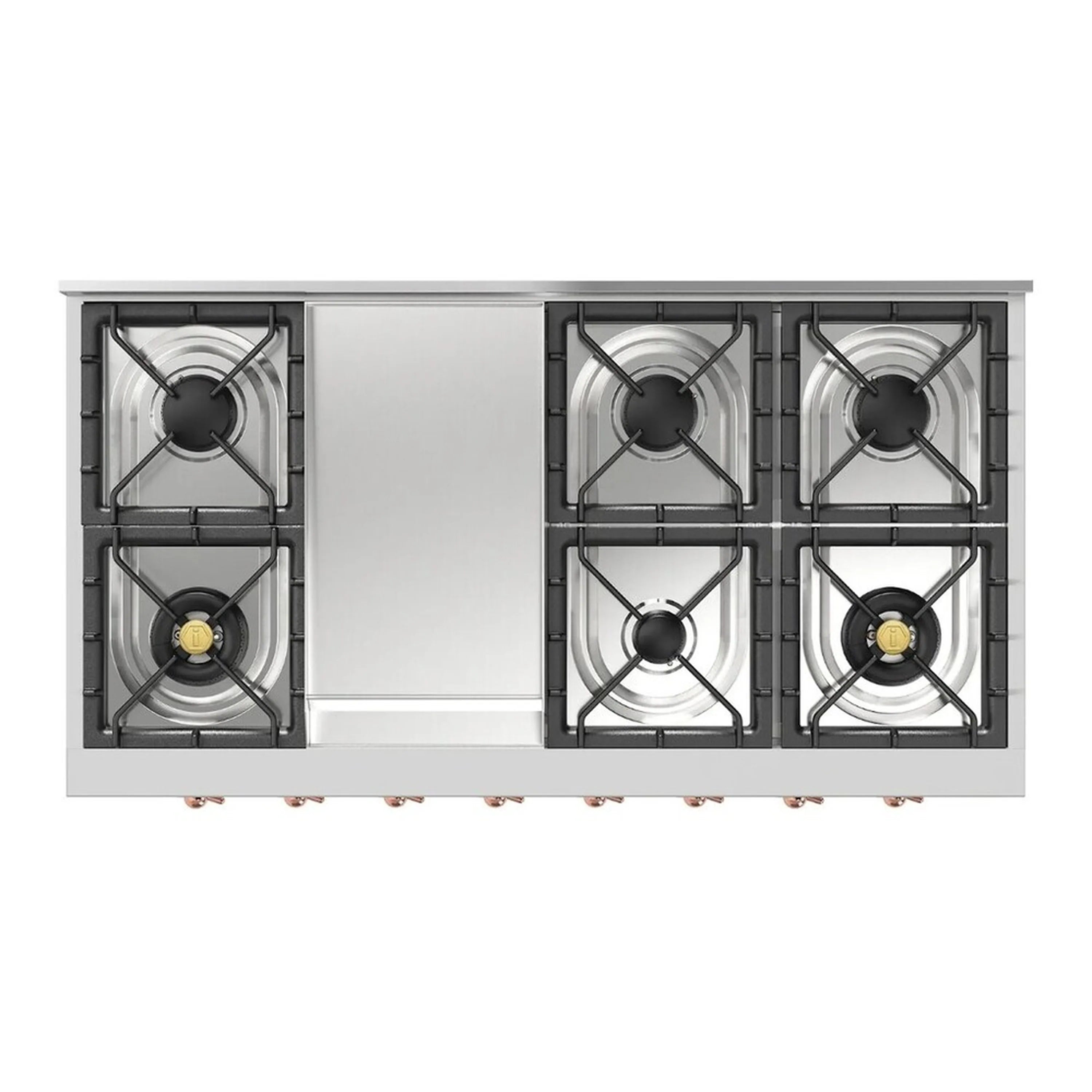 Stainless steel gas rangetop with center griddle and six burners, front view