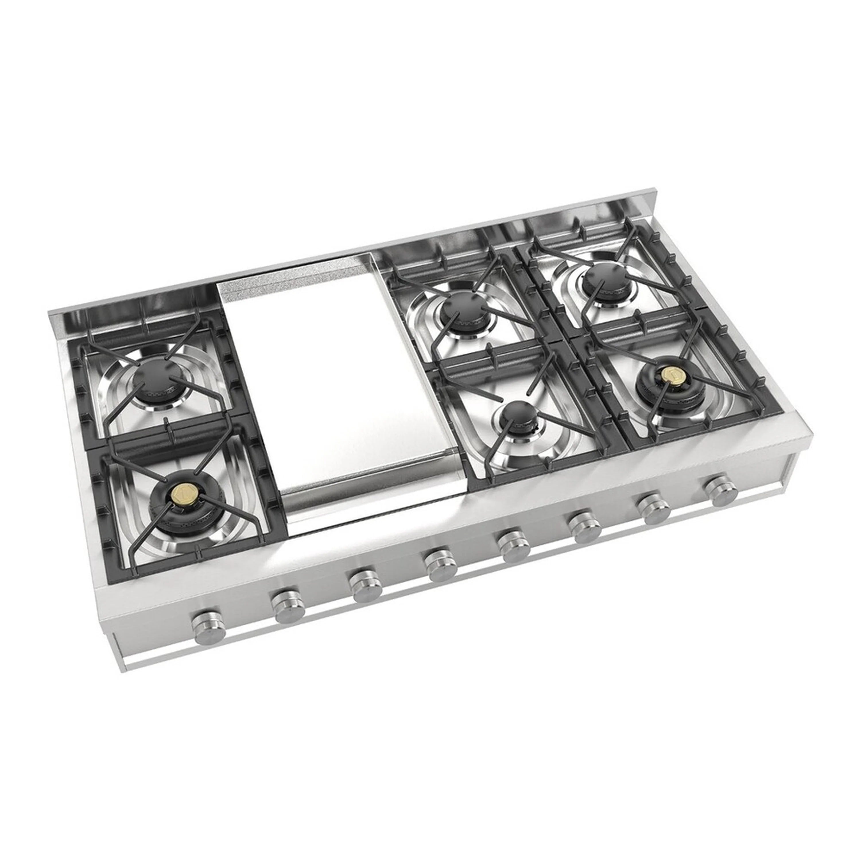 Stainless steel built-in gas rangetop with side griddle and four black cast burners
