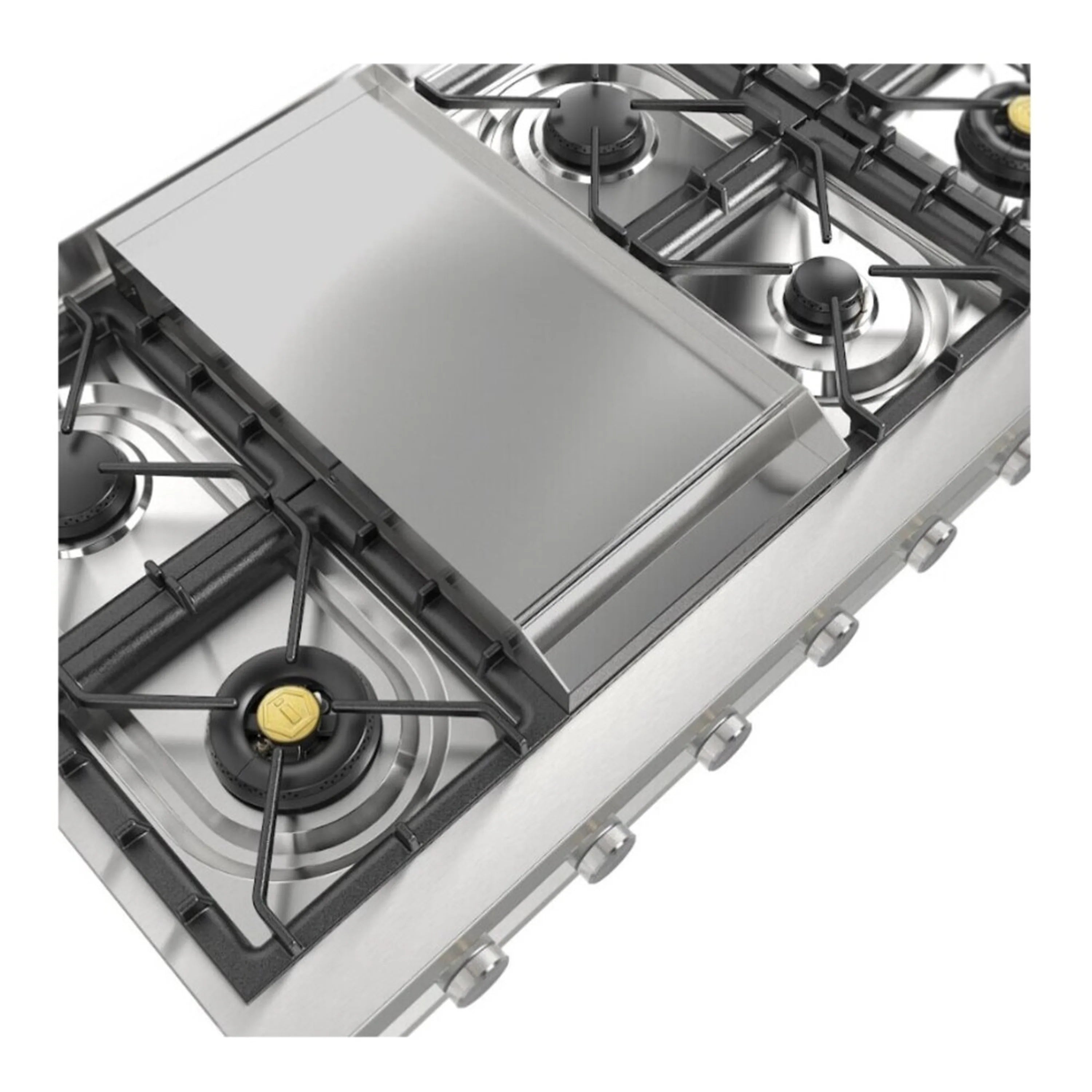 Stainless steel gas rangetop corner view with griddle and burner grates