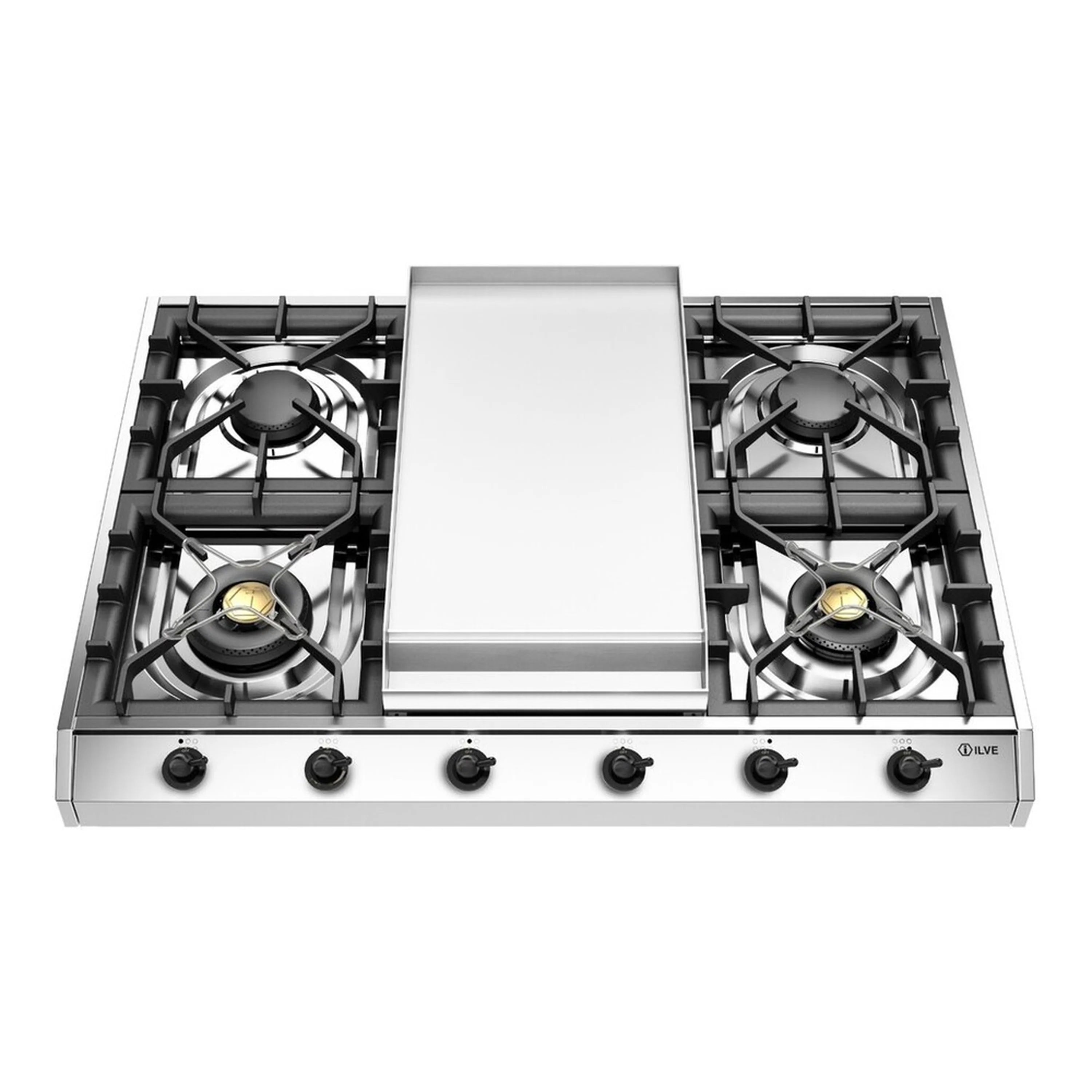 Stainless steel gas cooktop with four burners and center griddle, black grates