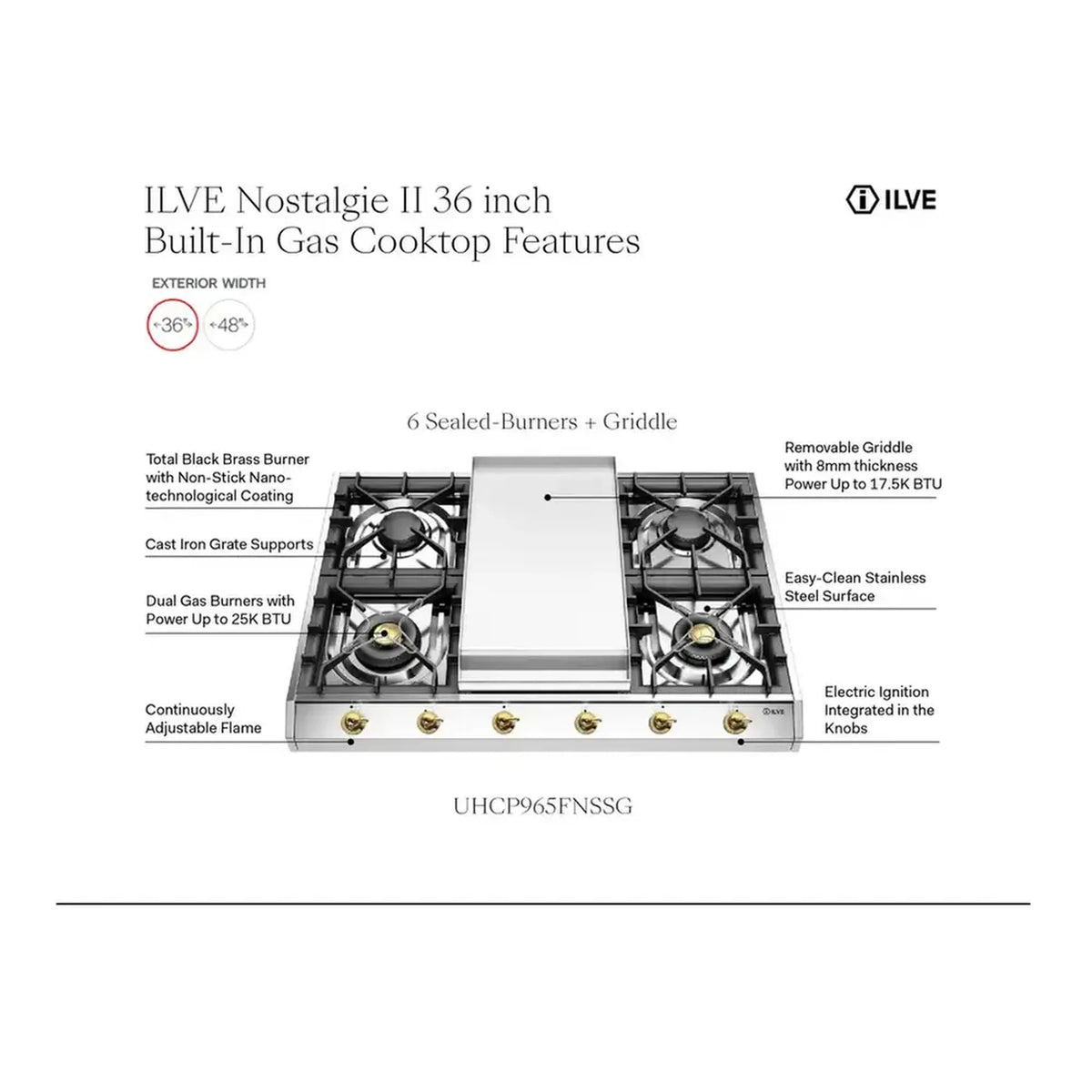 Stainless steel built-in gas cooktop with center griddle and burner control knobs