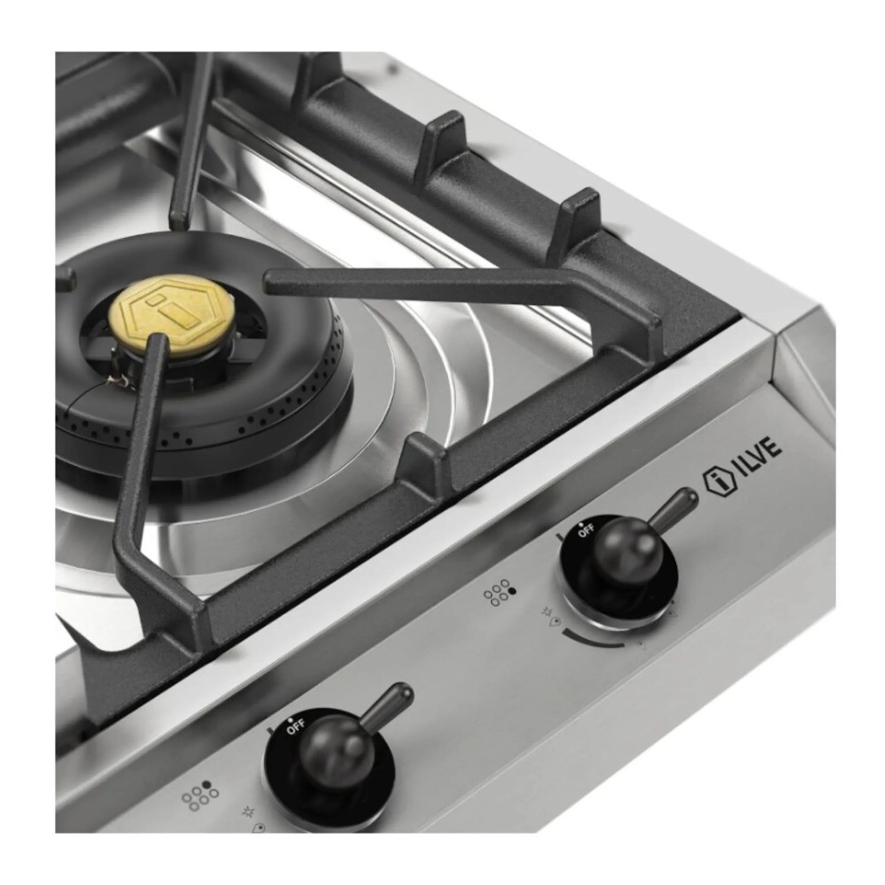 Stainless steel gas cooktop controls with black knobs and burner grates, close-up