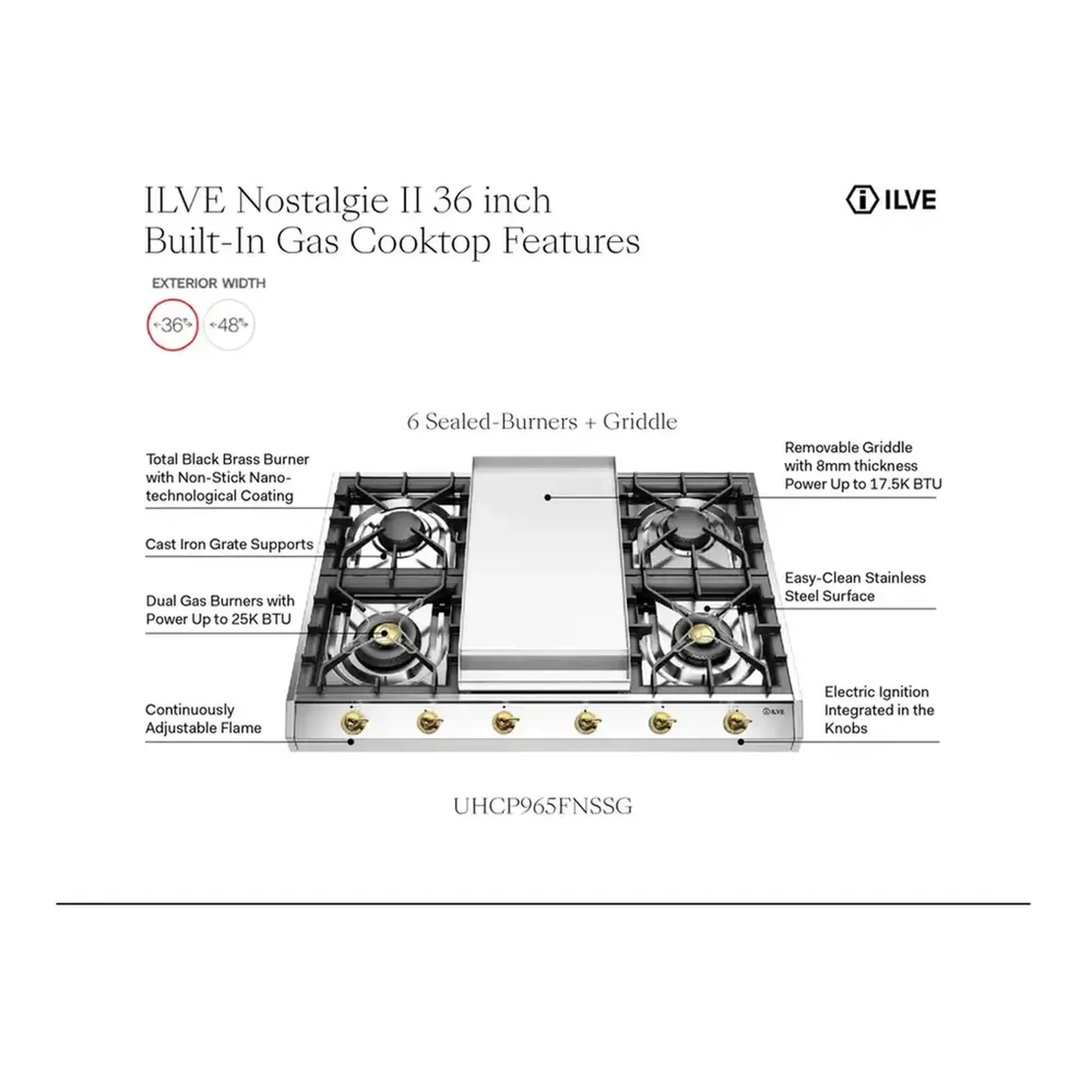 Stainless steel gas cooktop with removable griddle and six sealed burners, front control knobs