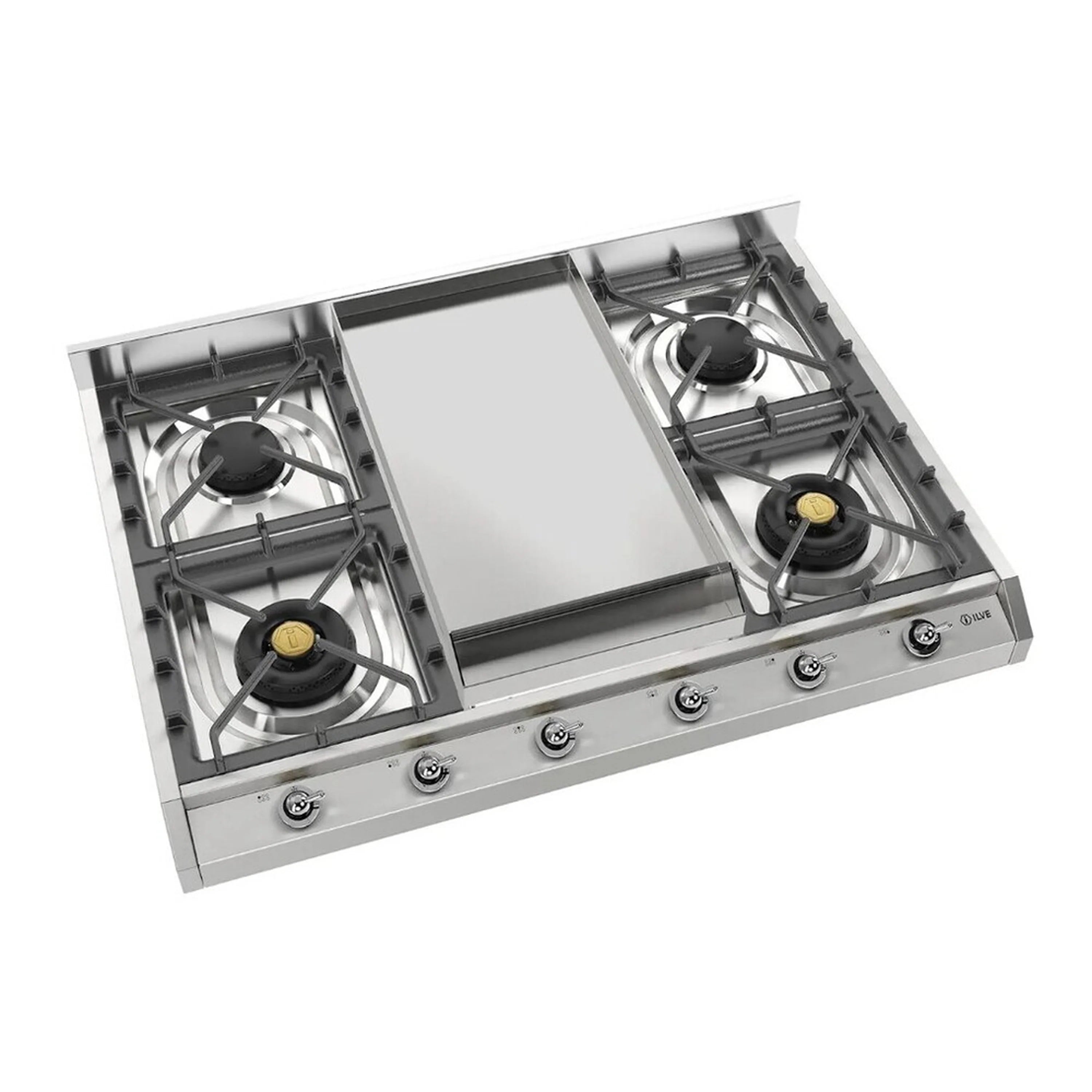 Stainless gas cooktop with griddle insert and four burner grates, three front knobs