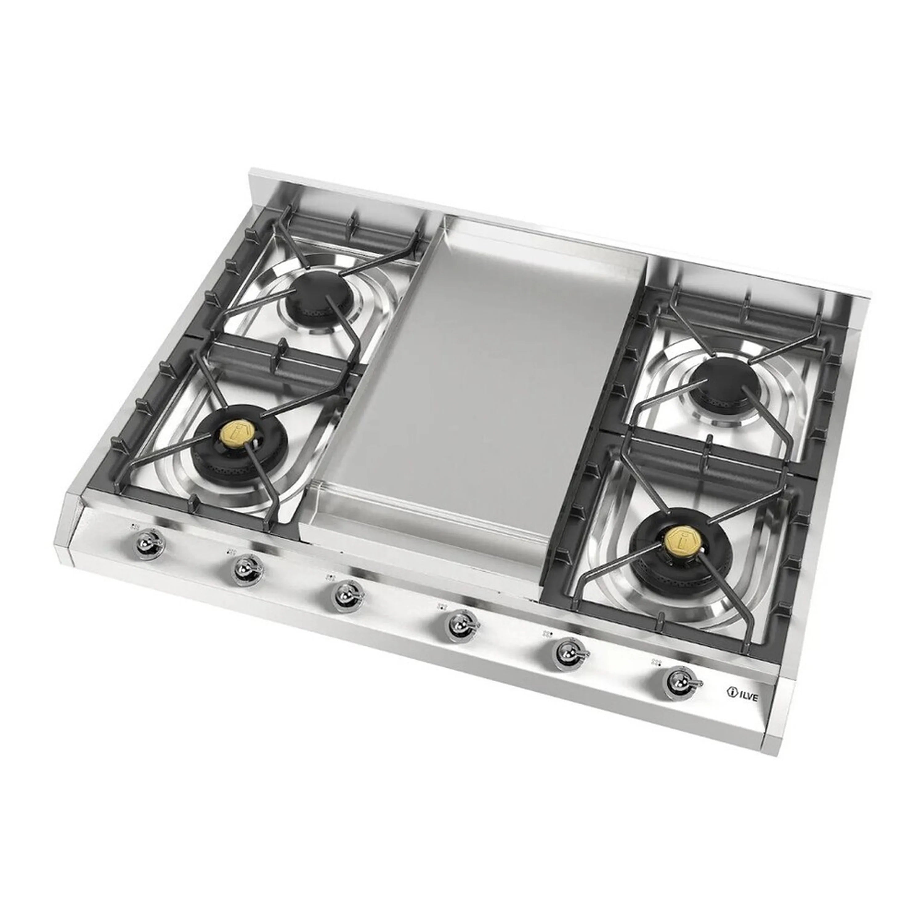 Stainless steel gas cooktop with central griddle and four sealed burners, sloped control panel