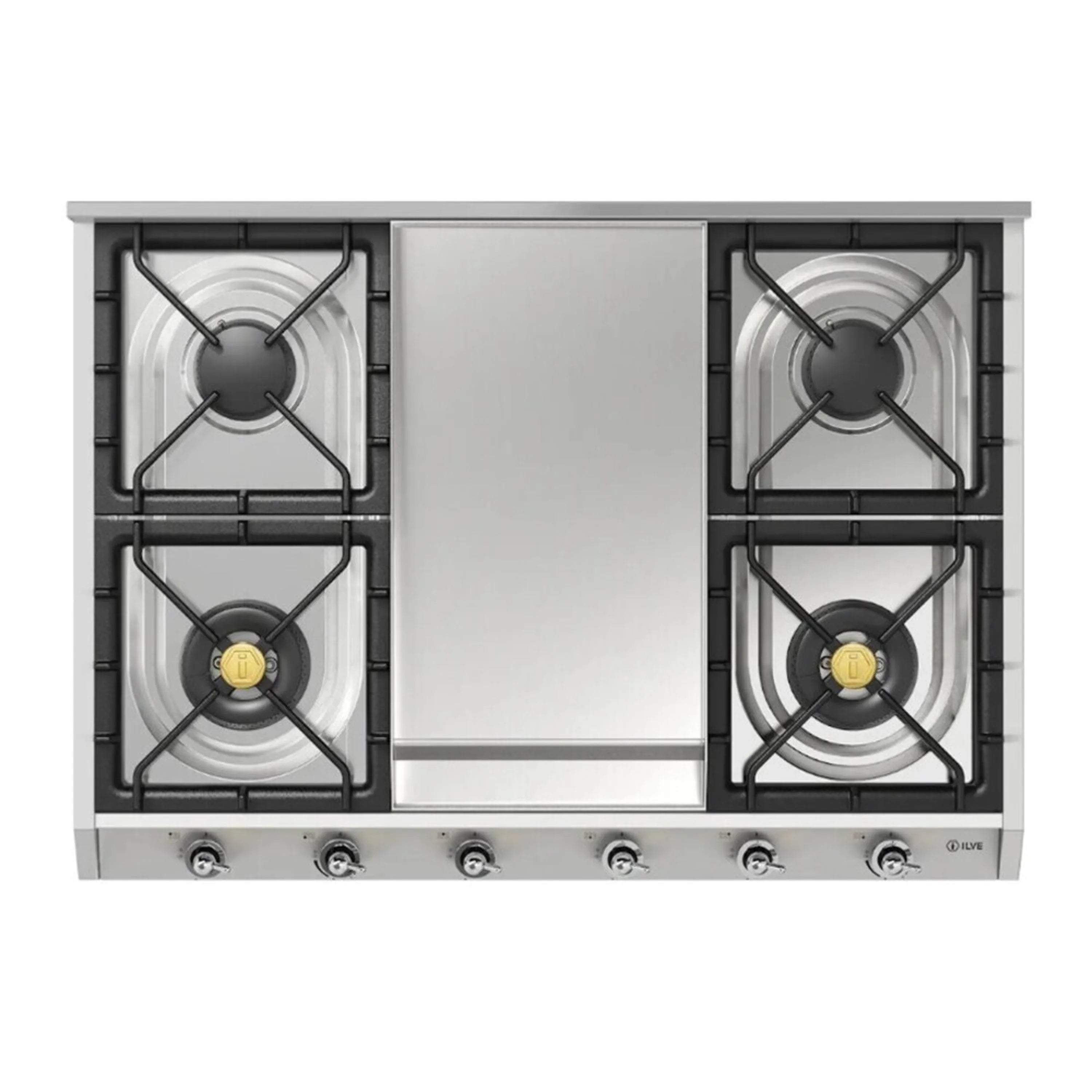 Top view of stainless gas cooktop with two burners, central griddle, and front control knobs
