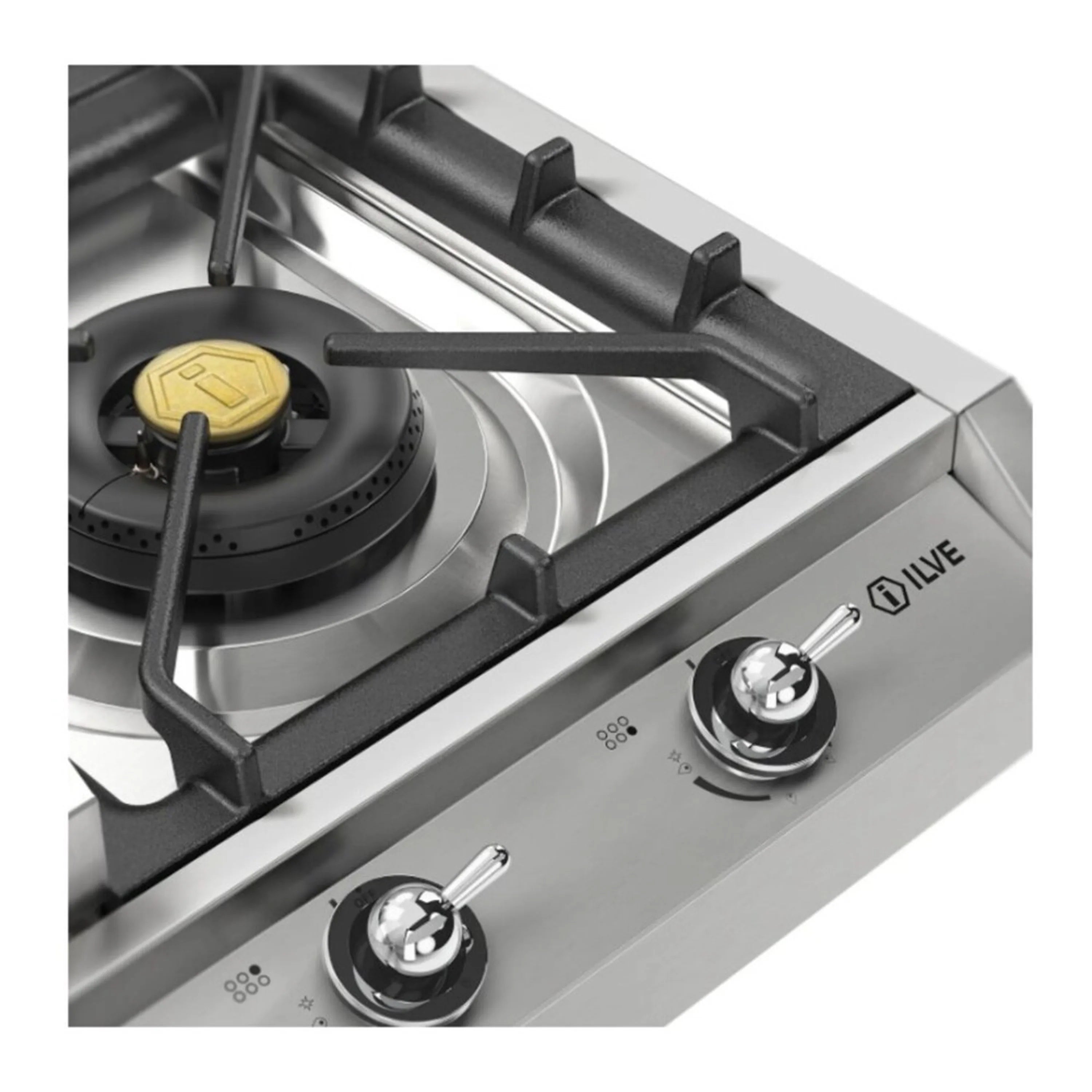Close-up of stainless control panel with two gas knobs and burner grates beside griddle
