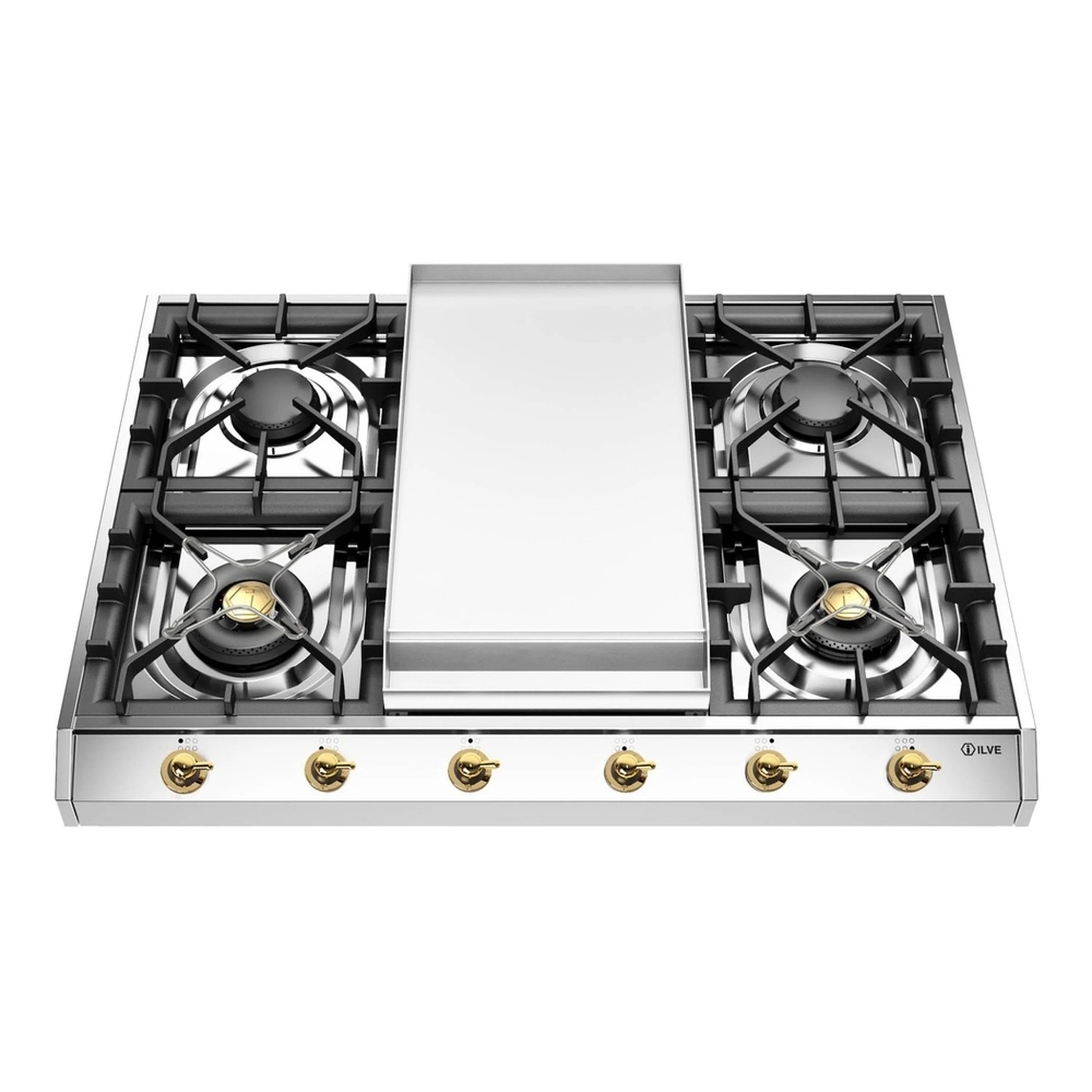 Stainless steel built-in gas cooktop with four burners and center griddle, top view