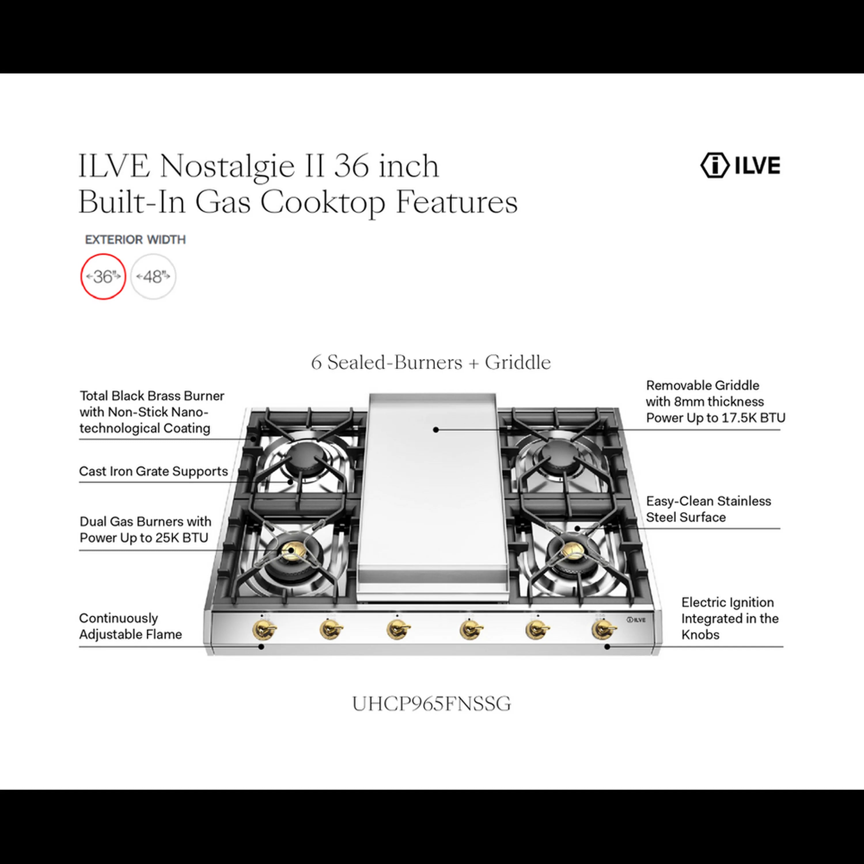 ILVE cooktop features diagram showing 6 sealed burners and center griddle