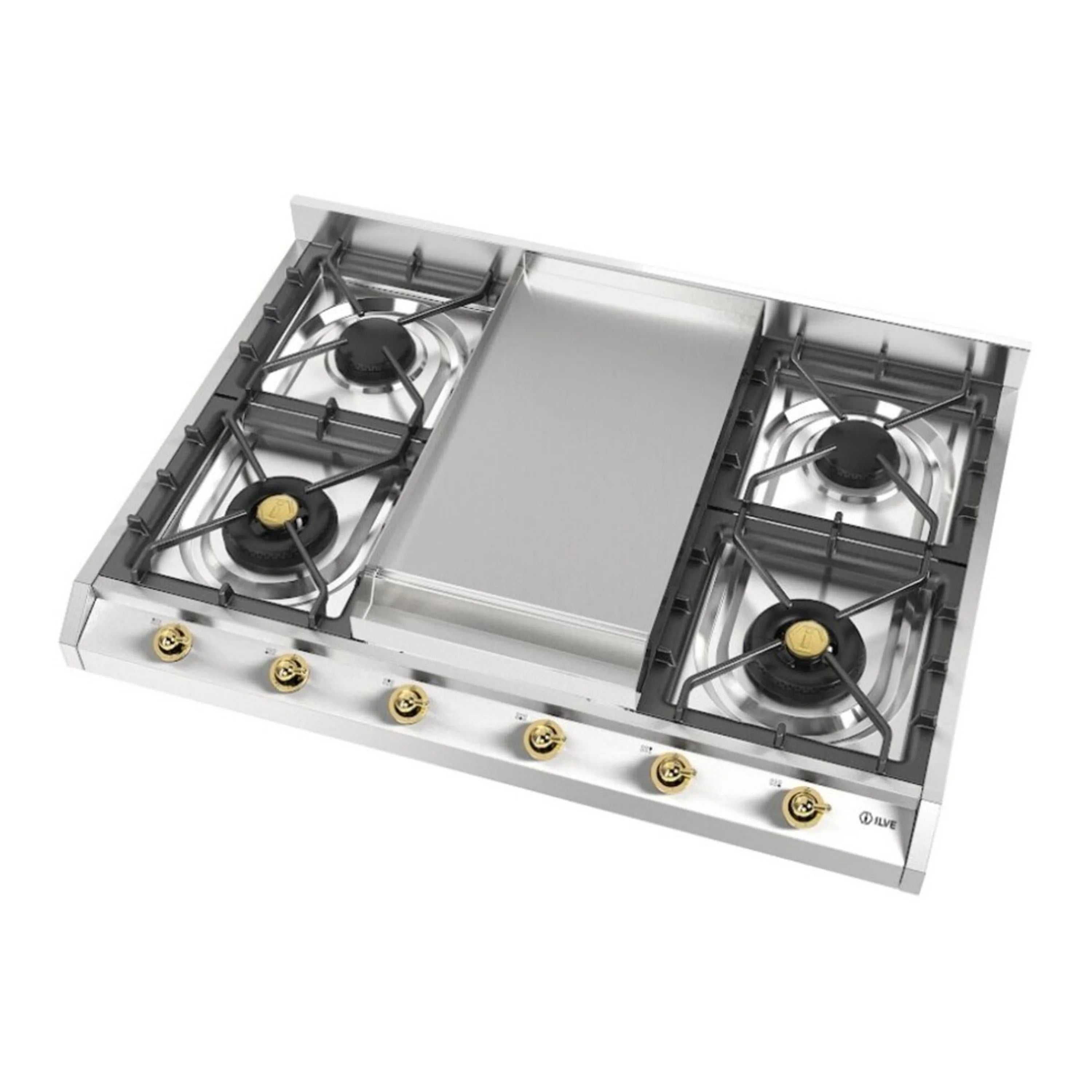 Stainless steel built-in gas cooktop with four burners and center griddle, angled view