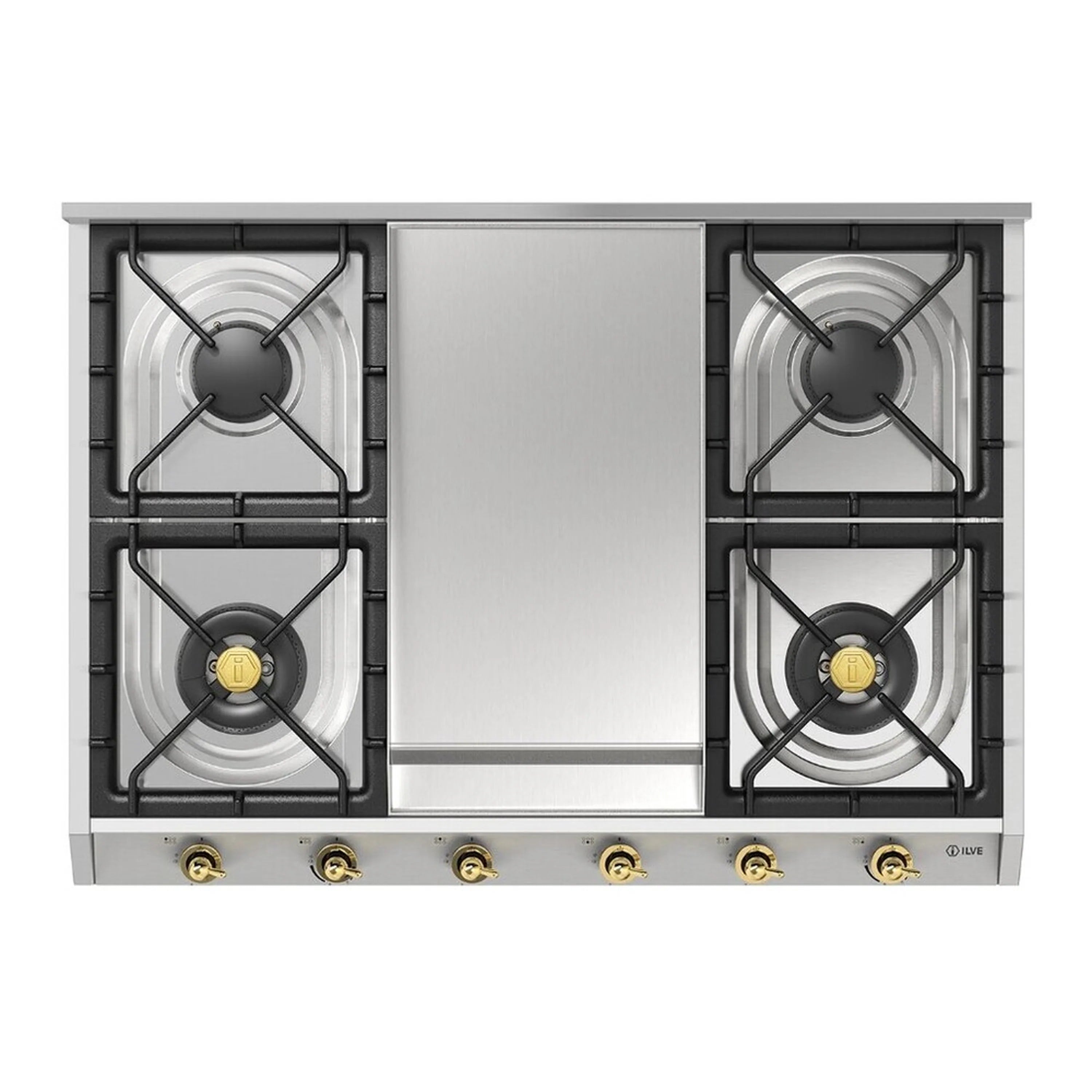 Stainless steel gas cooktop with four square burners and center griddle, front controls