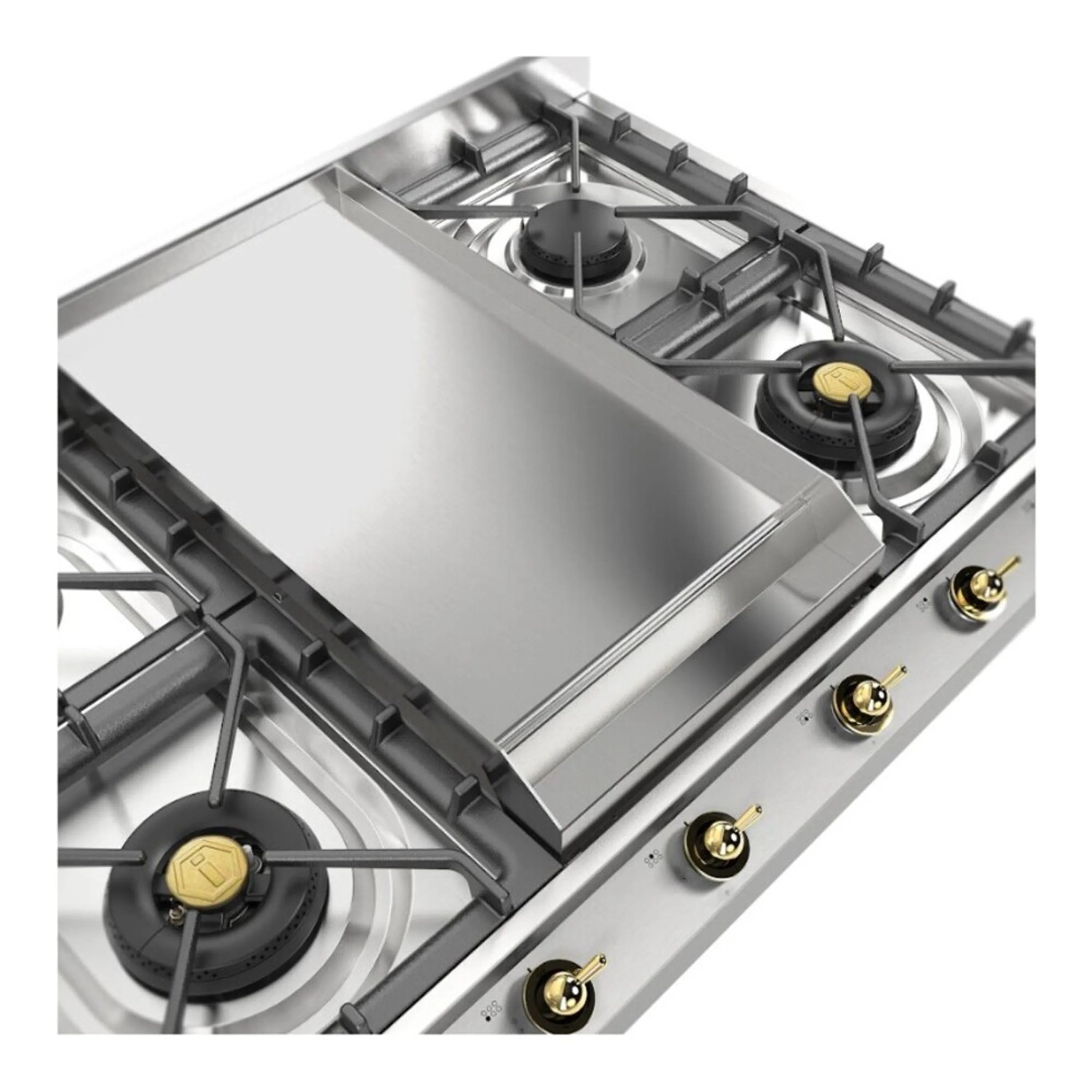 Stainless steel gas cooktop with center griddle and burners, close angled view