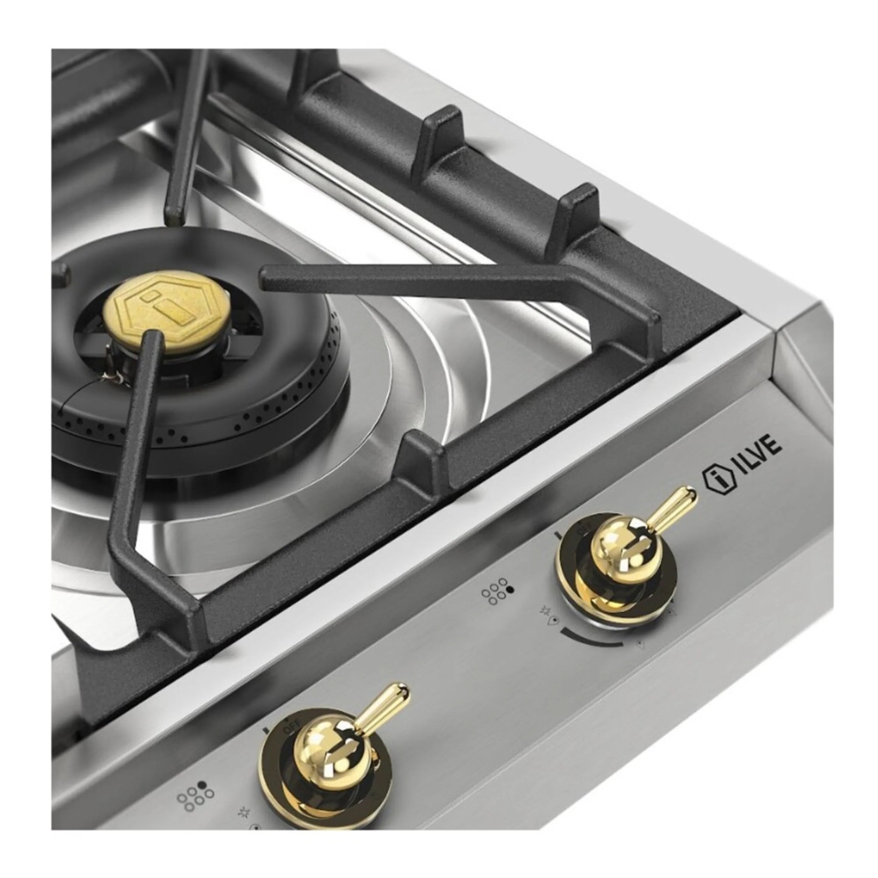 Stainless steel gas cooktop control panel with gold knobs and griddle burner details