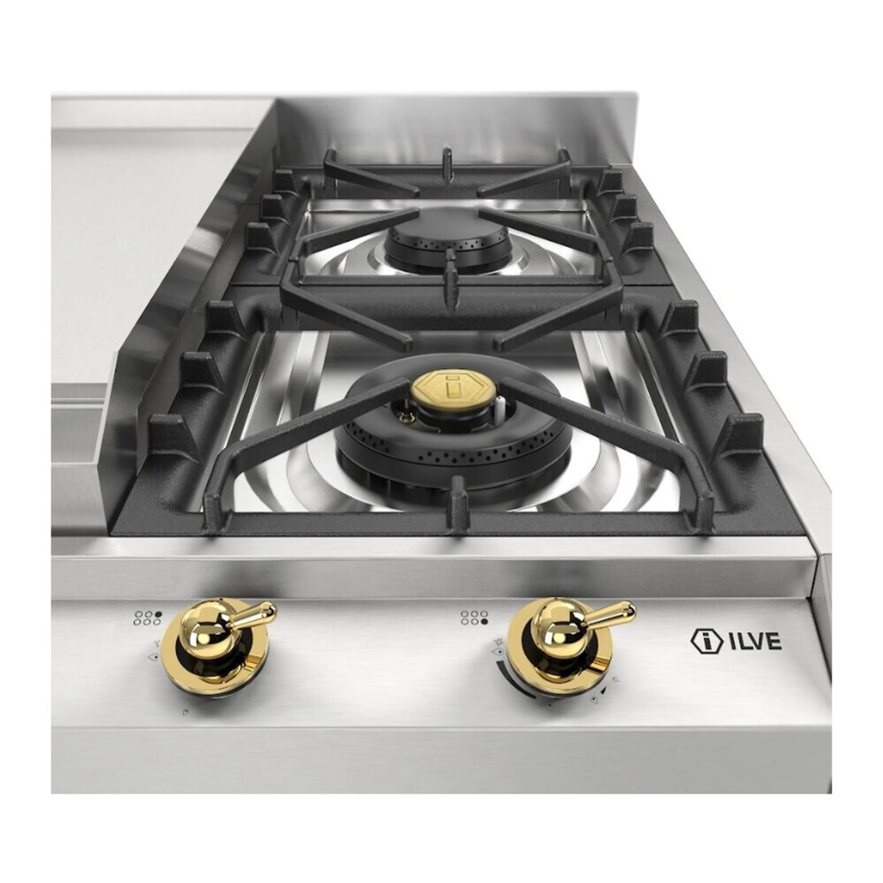 Stainless steel gas cooktop with square burner grates and center griddle, frontal view