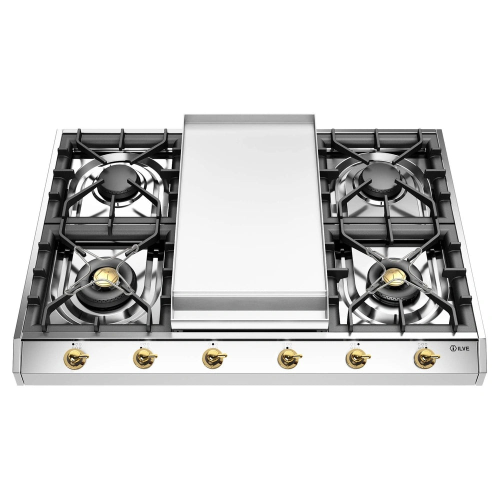 Stainless steel built-in gas cooktop with four burners and center griddle, front knobs