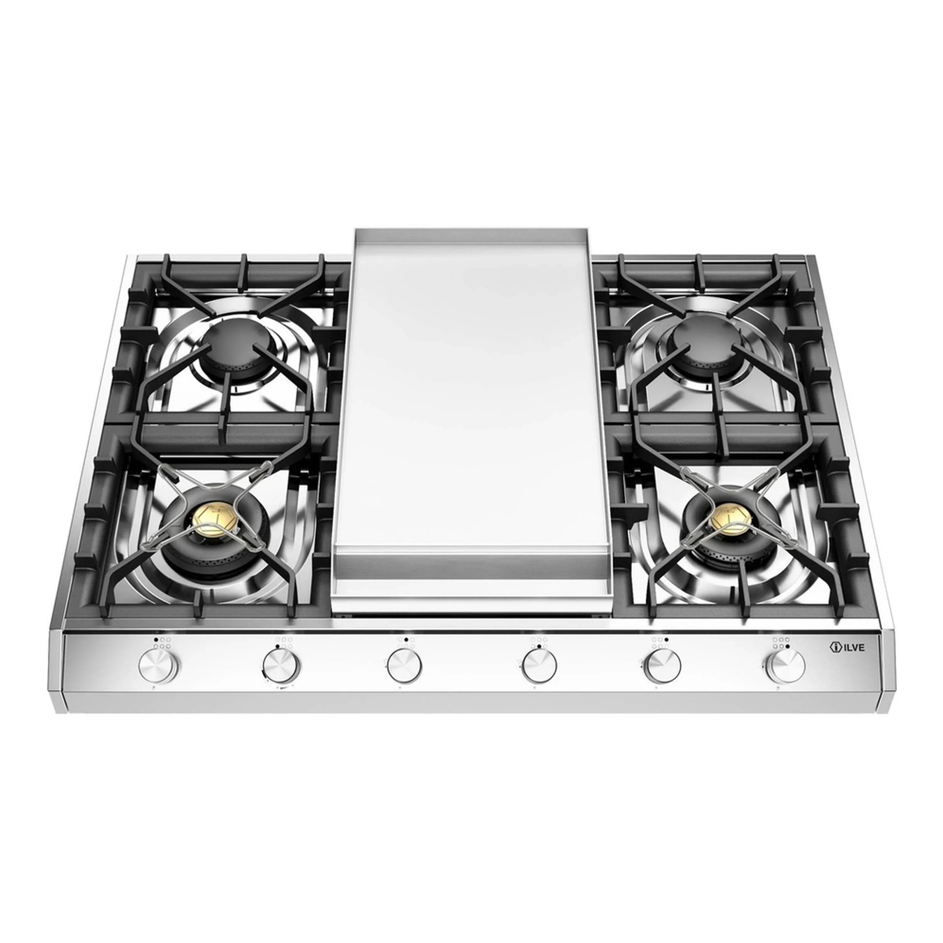 Stainless steel built-in gas cooktop with centered griddle, four burners and front knobs