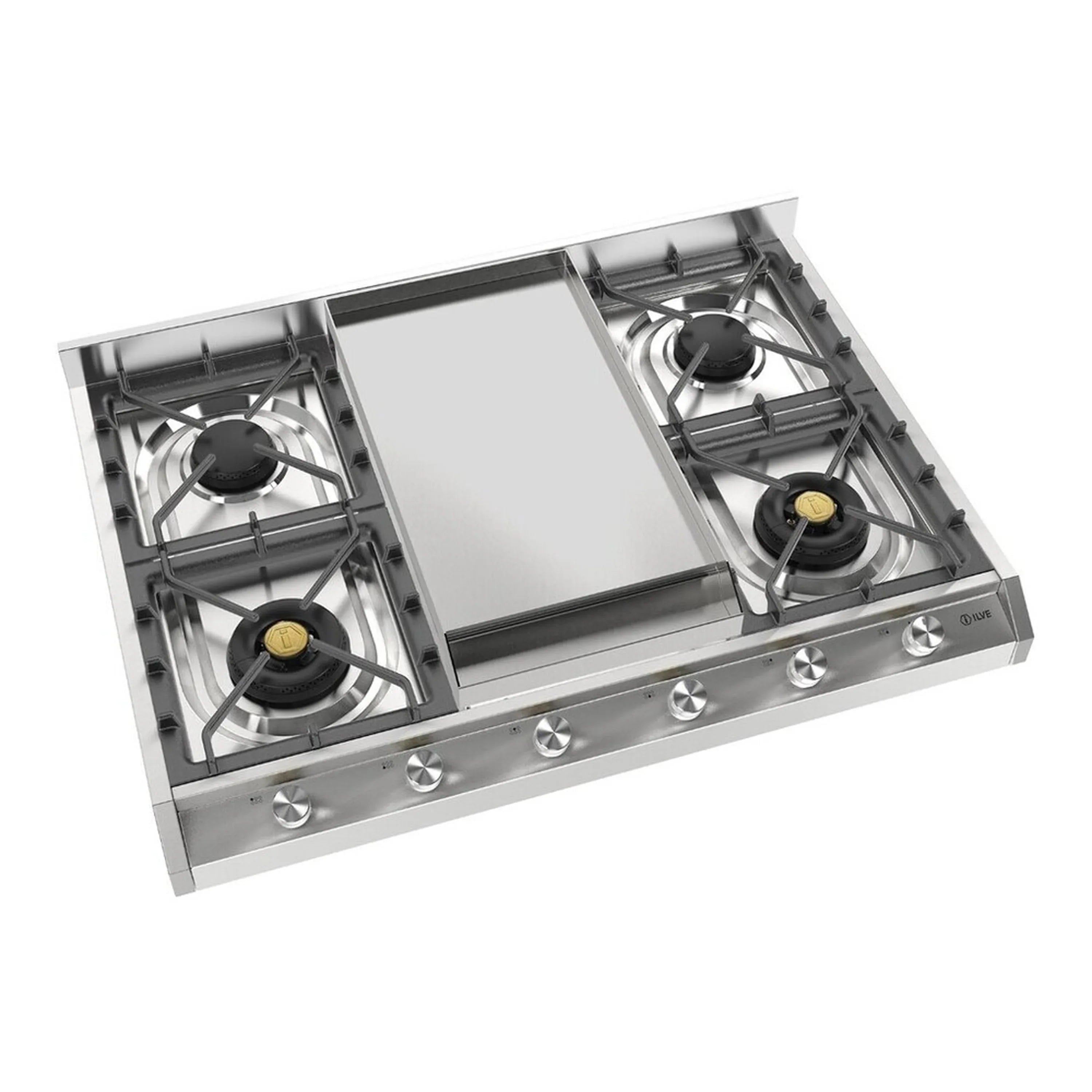 Stainless steel built-in gas cooktop with griddle and four burners, side control knobs