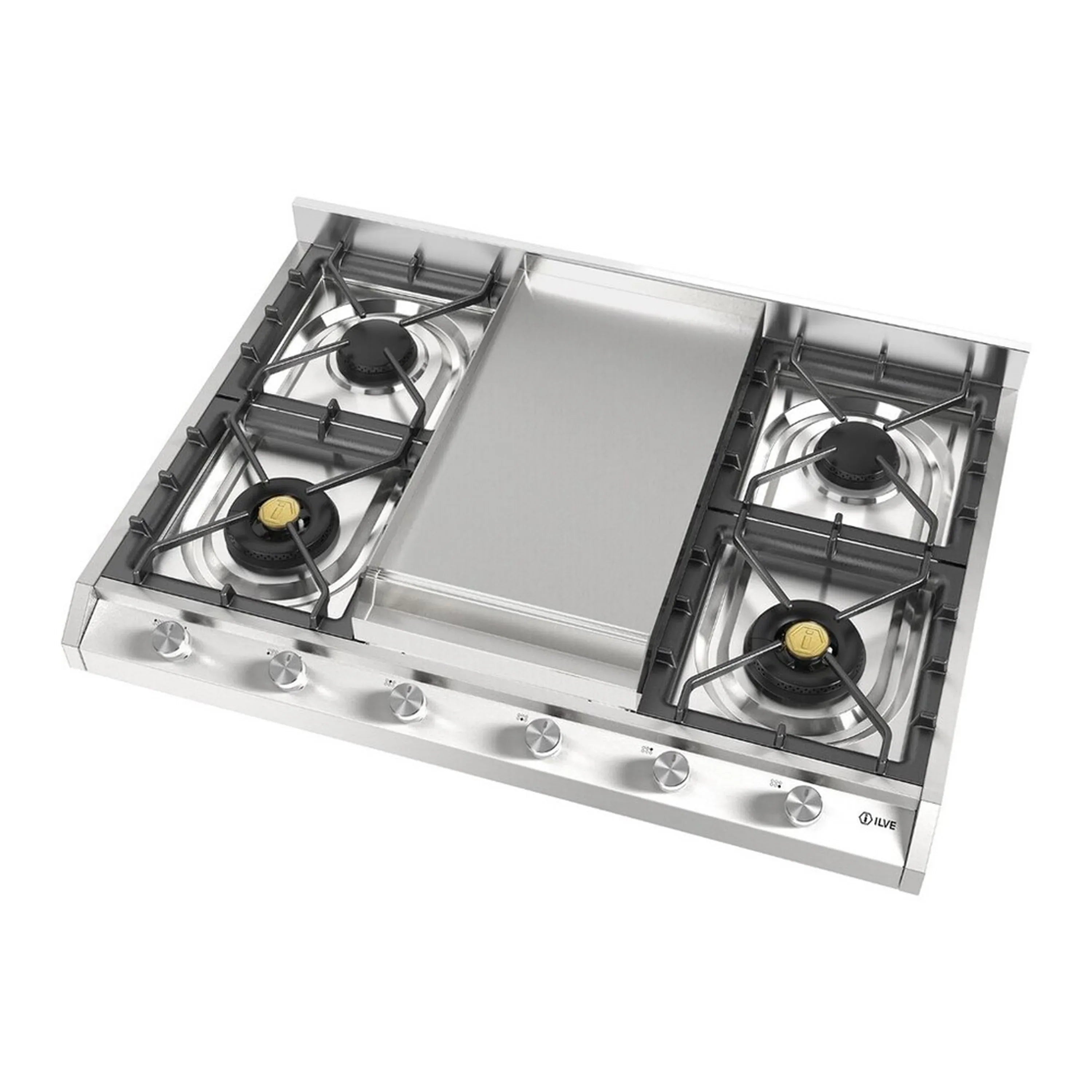 Stainless steel built-in gas cooktop with griddle and four sealed burners, front knobs