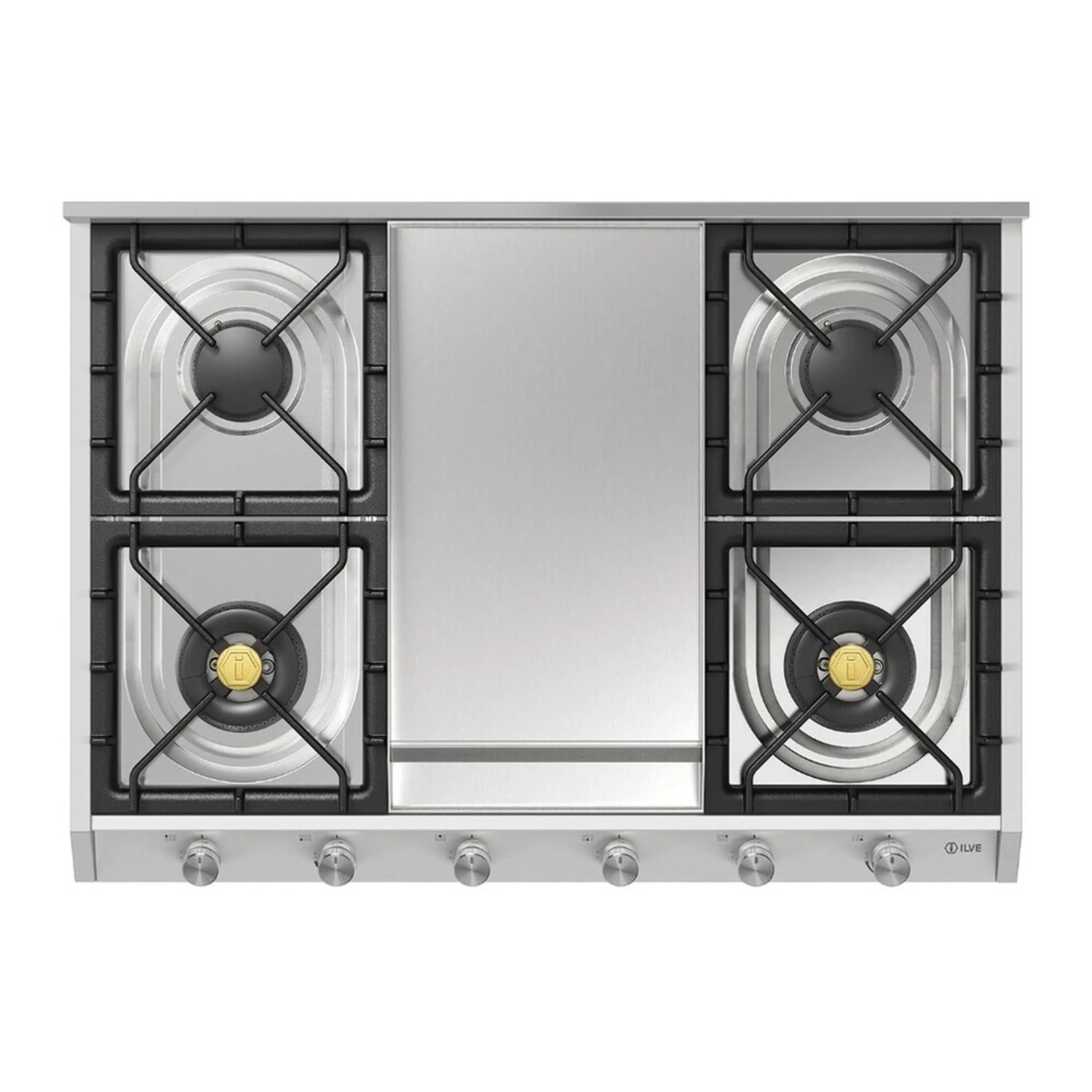 Stainless steel built-in gas cooktop with center griddle and four burners, control knobs