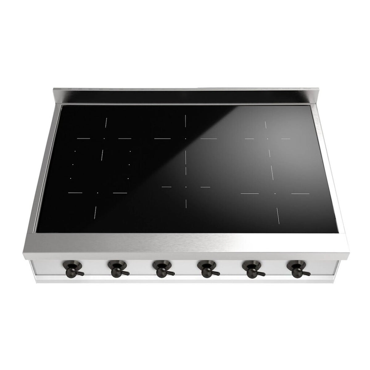 Top view of built-in induction rangetop with black glass cooktop and six front control knobs